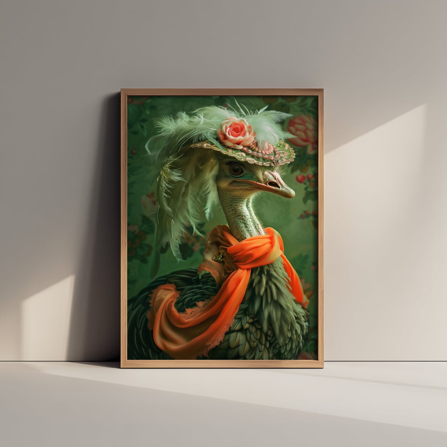 Ostrich in a Hat Art Print - Whimsical Animal Portrait Poster - Quirky Animal Painting - Elegant Safari Bird V1 2/3