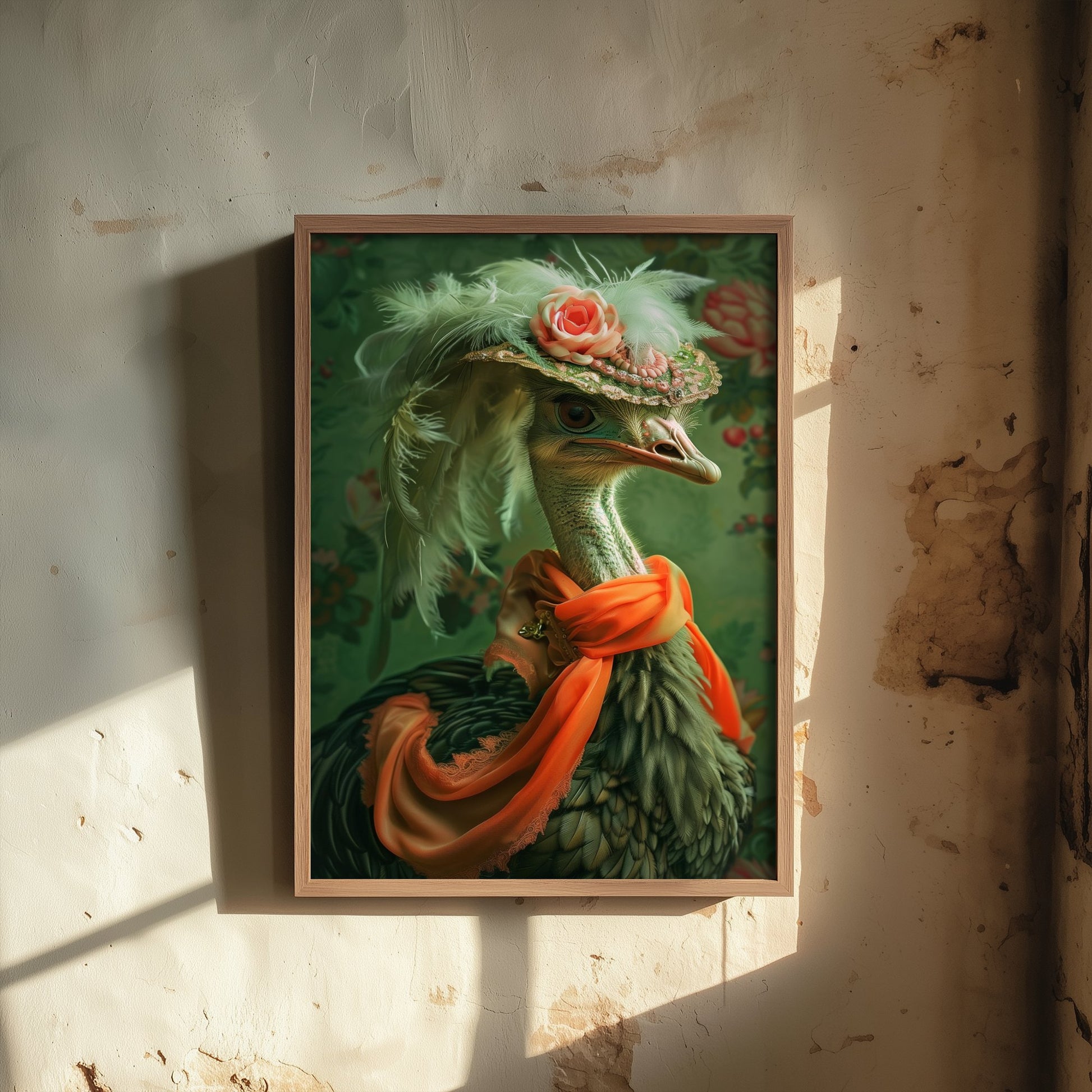 Ostrich in a Hat Art Print - Whimsical Animal Portrait Poster - Quirky Animal Painting - Elegant Safari Bird V1 2/3