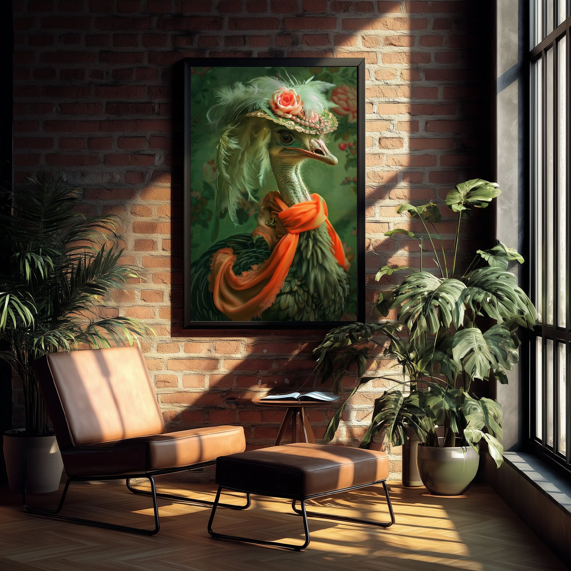 Ostrich in a Hat Art Print - Whimsical Animal Portrait Poster - Quirky Animal Painting - Elegant Safari Bird V1 2/3