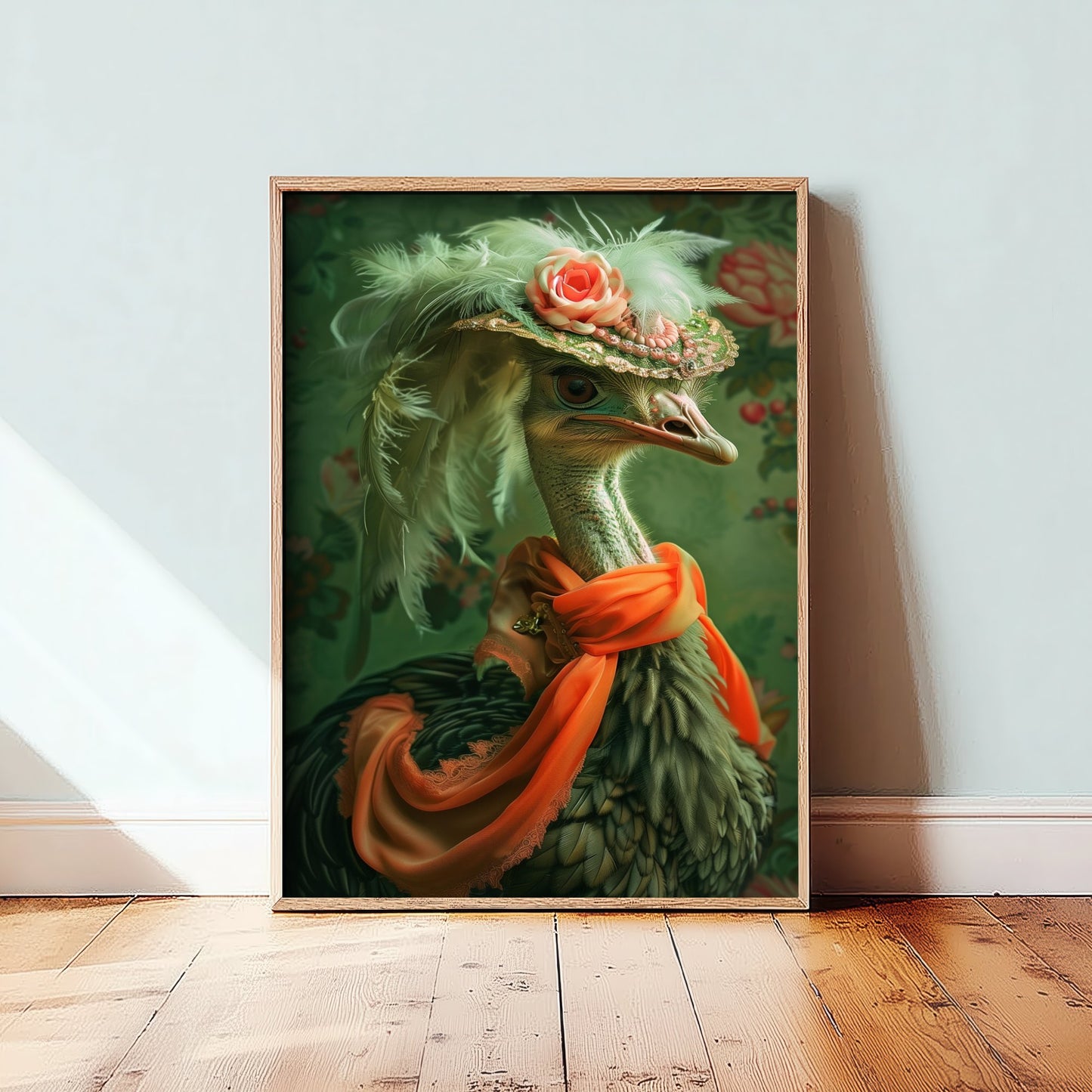 Ostrich in a Hat Art Print - Whimsical Animal Portrait Poster - Quirky Animal Painting - Elegant Safari Bird V1 2/3