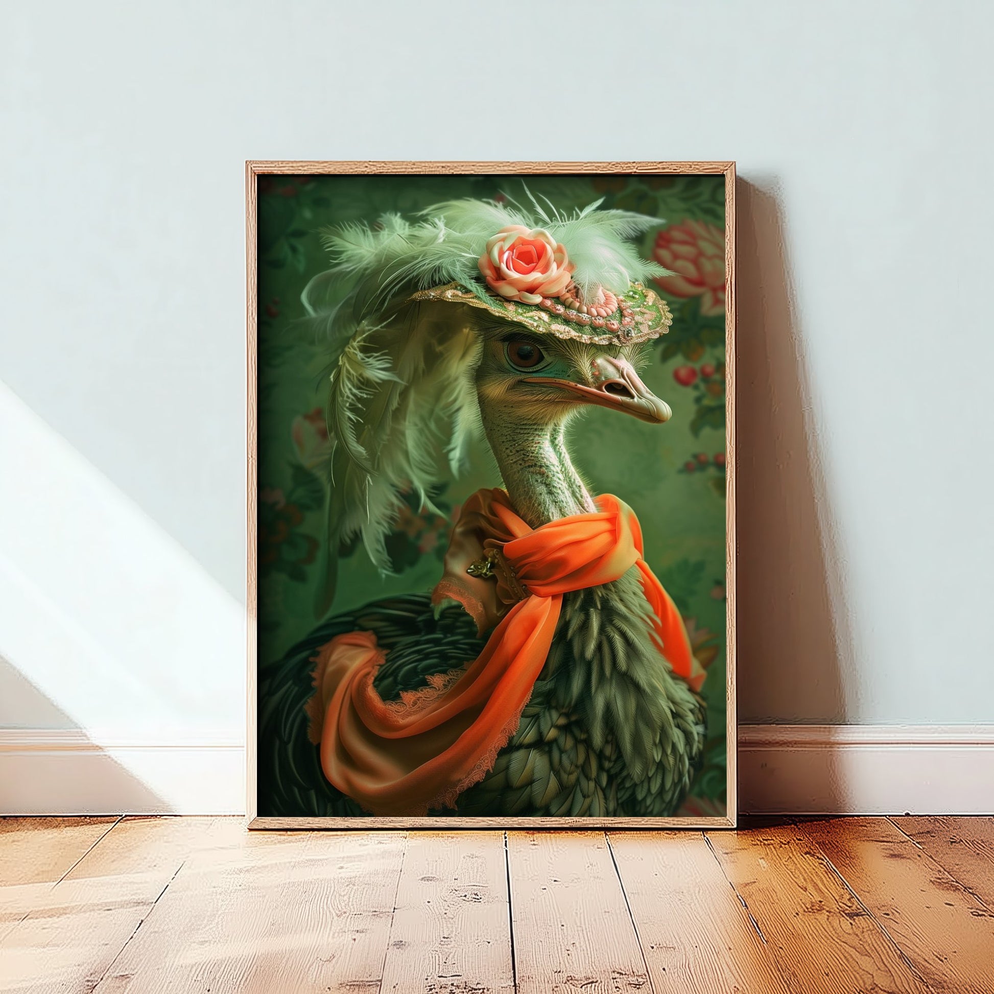 Ostrich in a Hat Art Print - Whimsical Animal Portrait Poster - Quirky Animal Painting - Elegant Safari Bird V1 2/3