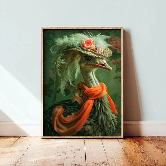 Ostrich in a Hat Art Print - Whimsical Animal Portrait Poster - Quirky Animal Painting - Elegant Safari Bird V1 2/3