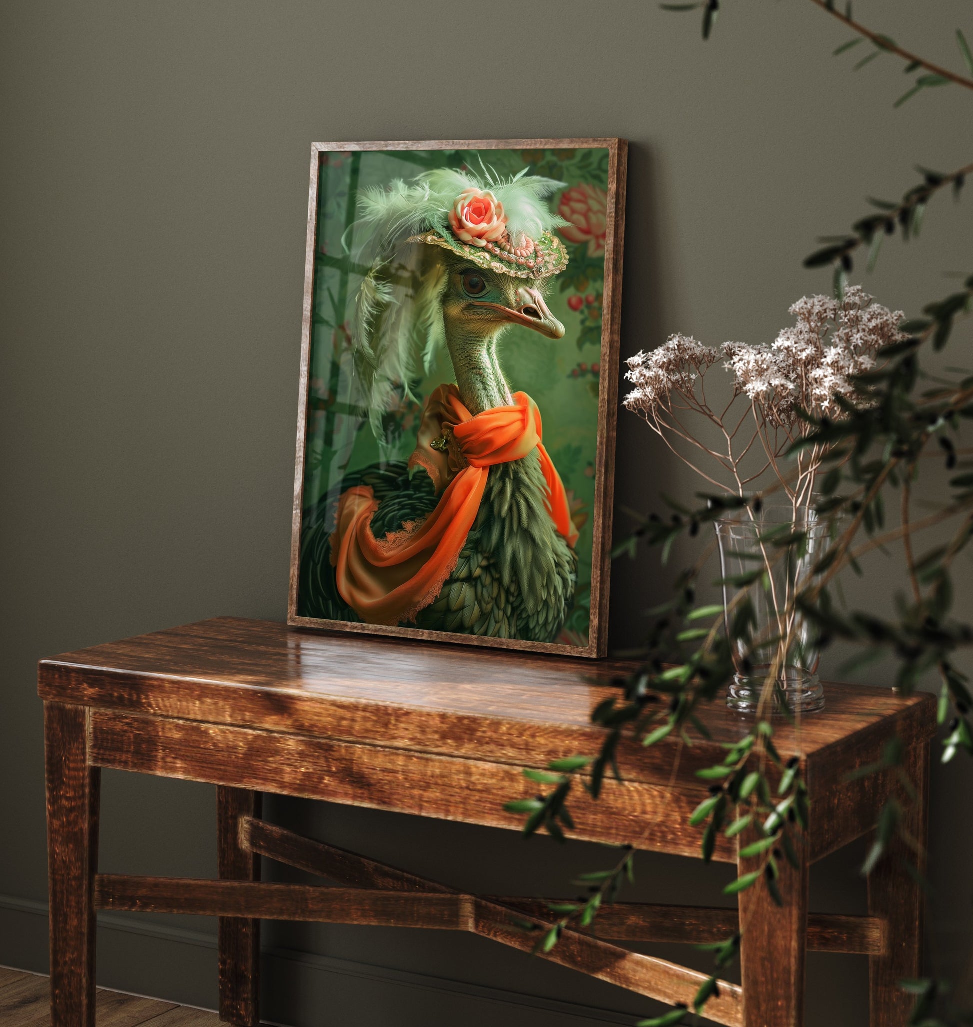 Ostrich in a Hat Art Print - Whimsical Animal Portrait Poster - Quirky Animal Painting - Elegant Safari Bird V1 2/3