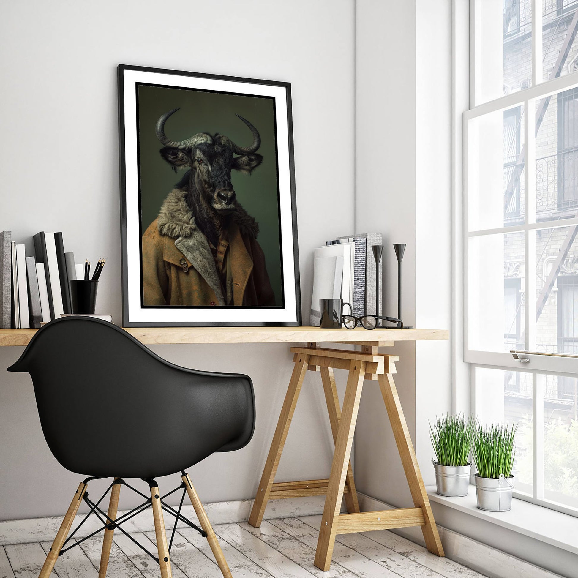 Wildebeest in a Suit Art Print - Whimsical Animal Portrait Poster - Quirky Animal Painting - Dapper Safari Animal V1 3/3