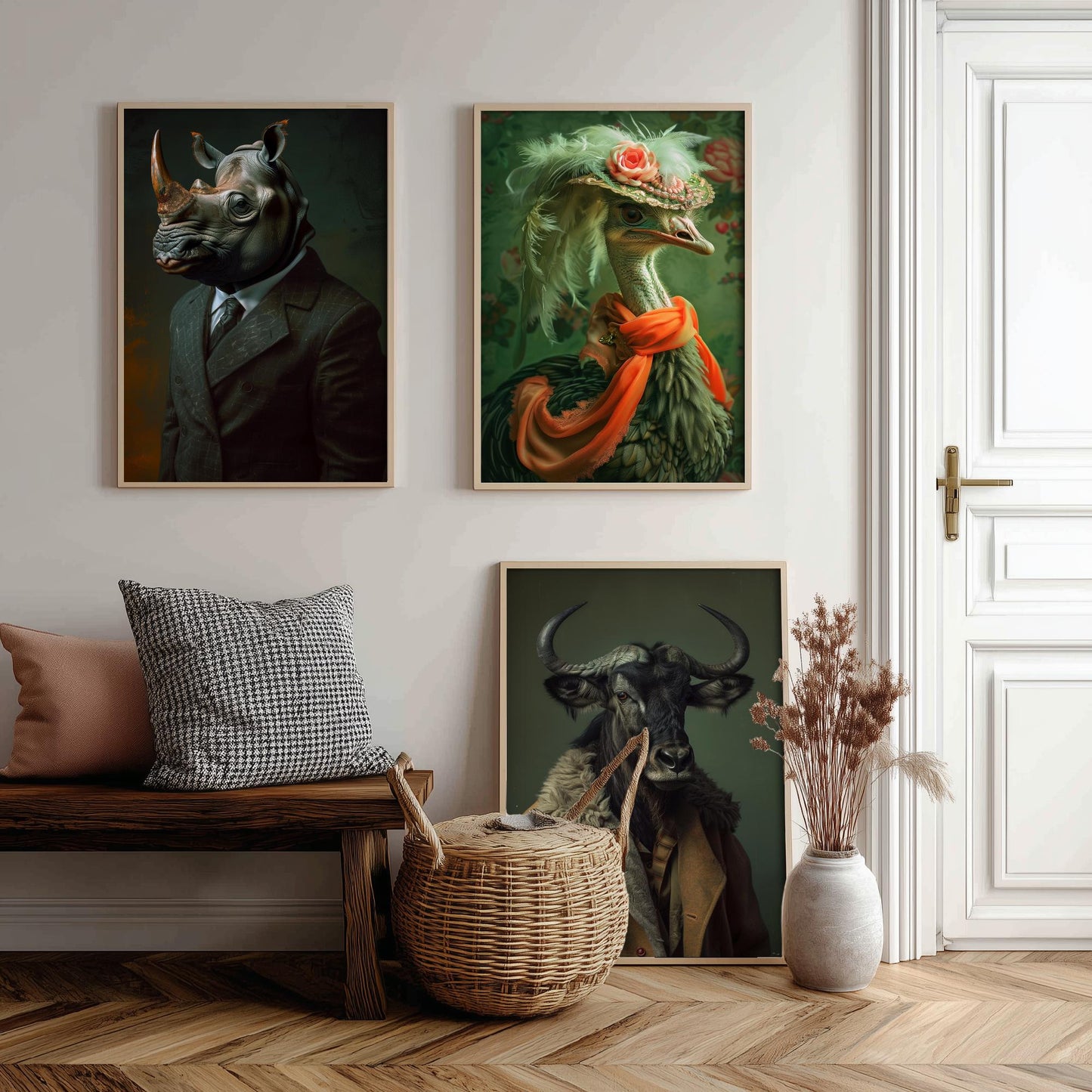 Savannah Monarchs Set of Three Art Prints - Rhino, Ostrich, Wildebeest in Suits Posters - Regal Animal Portrait Painting V1