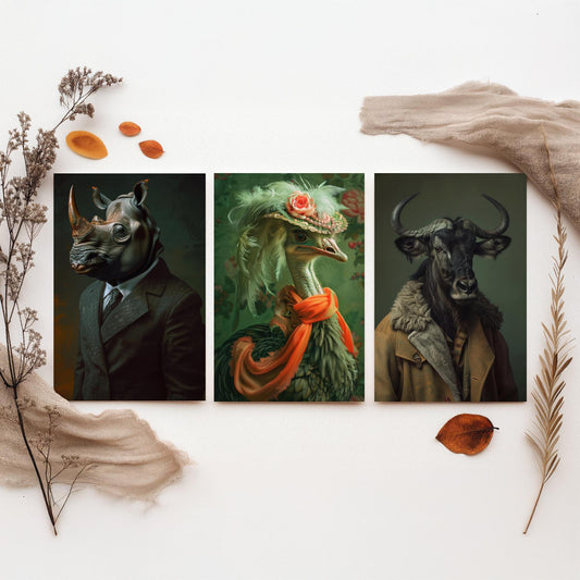 Savannah Monarchs Set of Three Art Prints - Rhino, Ostrich, Wildebeest in Suits Posters - Regal Animal Portrait Painting V1