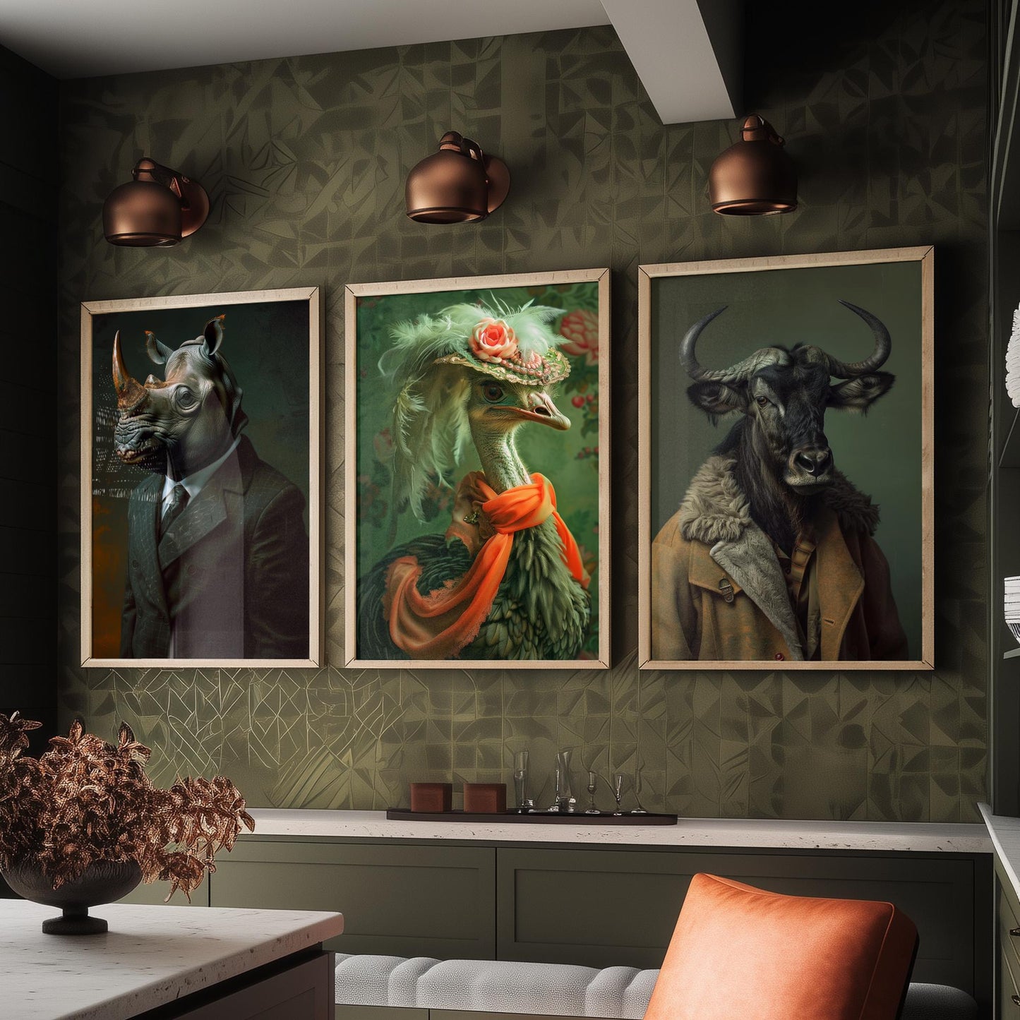 Savannah Monarchs Set of Three Art Prints - Rhino, Ostrich, Wildebeest in Suits Posters - Regal Animal Portrait Painting V1