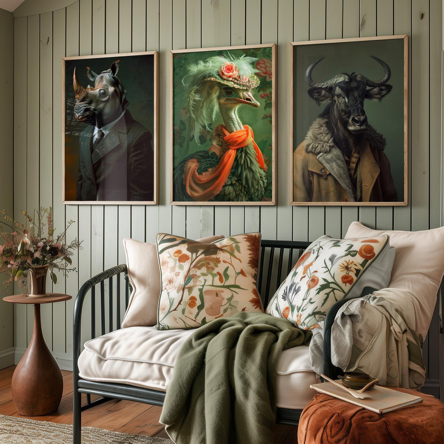 Savannah Monarchs Set of Three Art Prints - Rhino, Ostrich, Wildebeest in Suits Posters - Regal Animal Portrait Painting V1