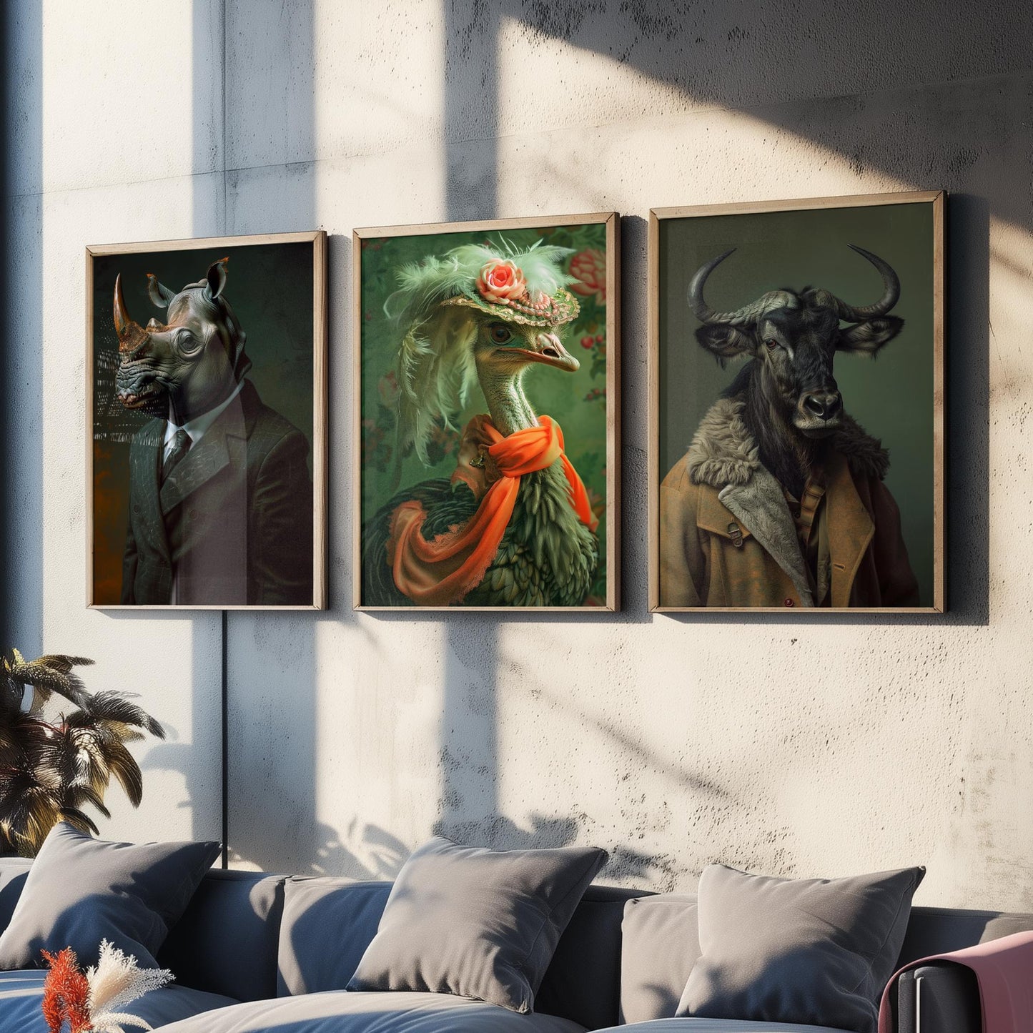 Savannah Monarchs Set of Three Art Prints - Rhino, Ostrich, Wildebeest in Suits Posters - Regal Animal Portrait Painting V1