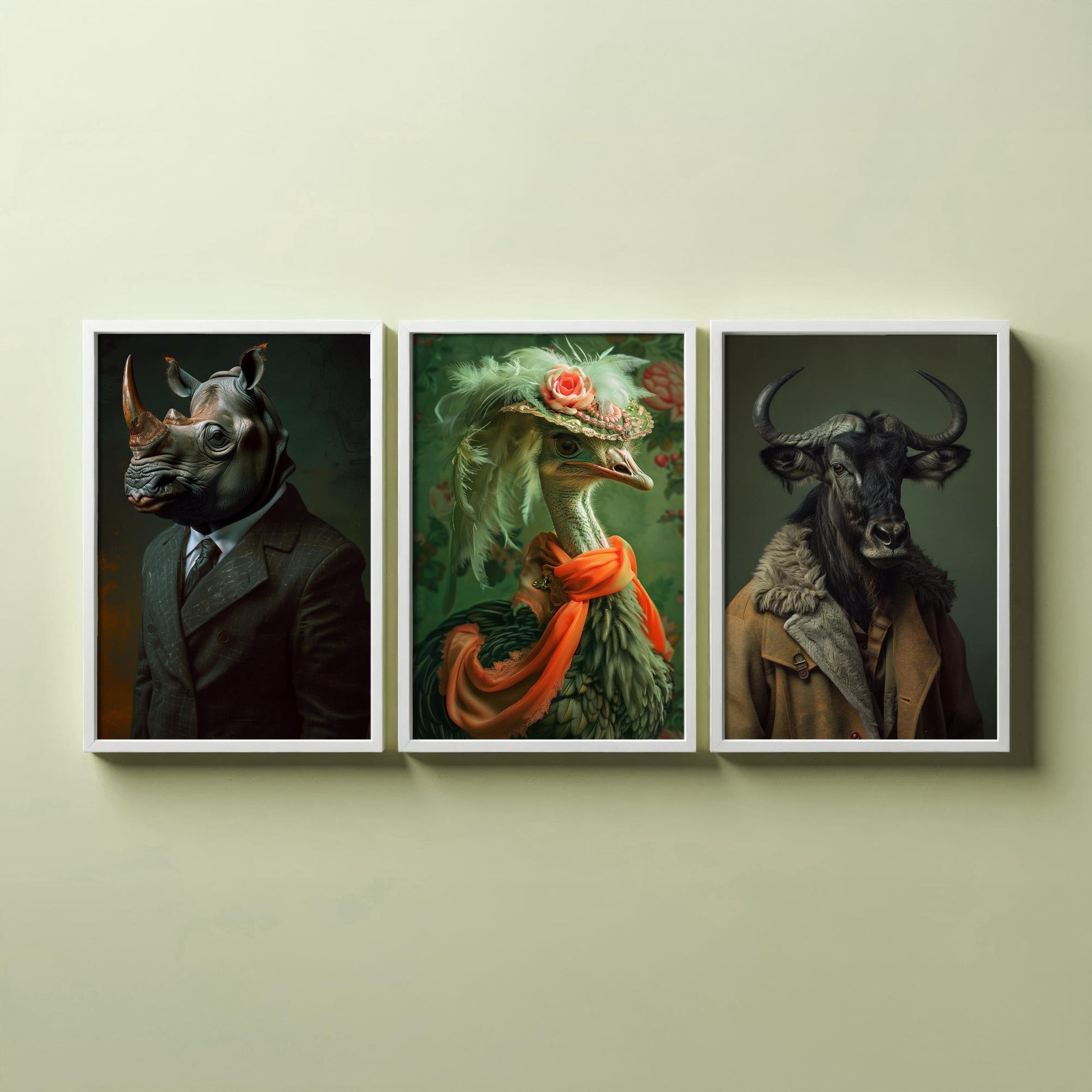 Savannah Monarchs Set of Three Art Prints - Rhino, Ostrich, Wildebeest in Suits Posters - Regal Animal Portrait Painting V1