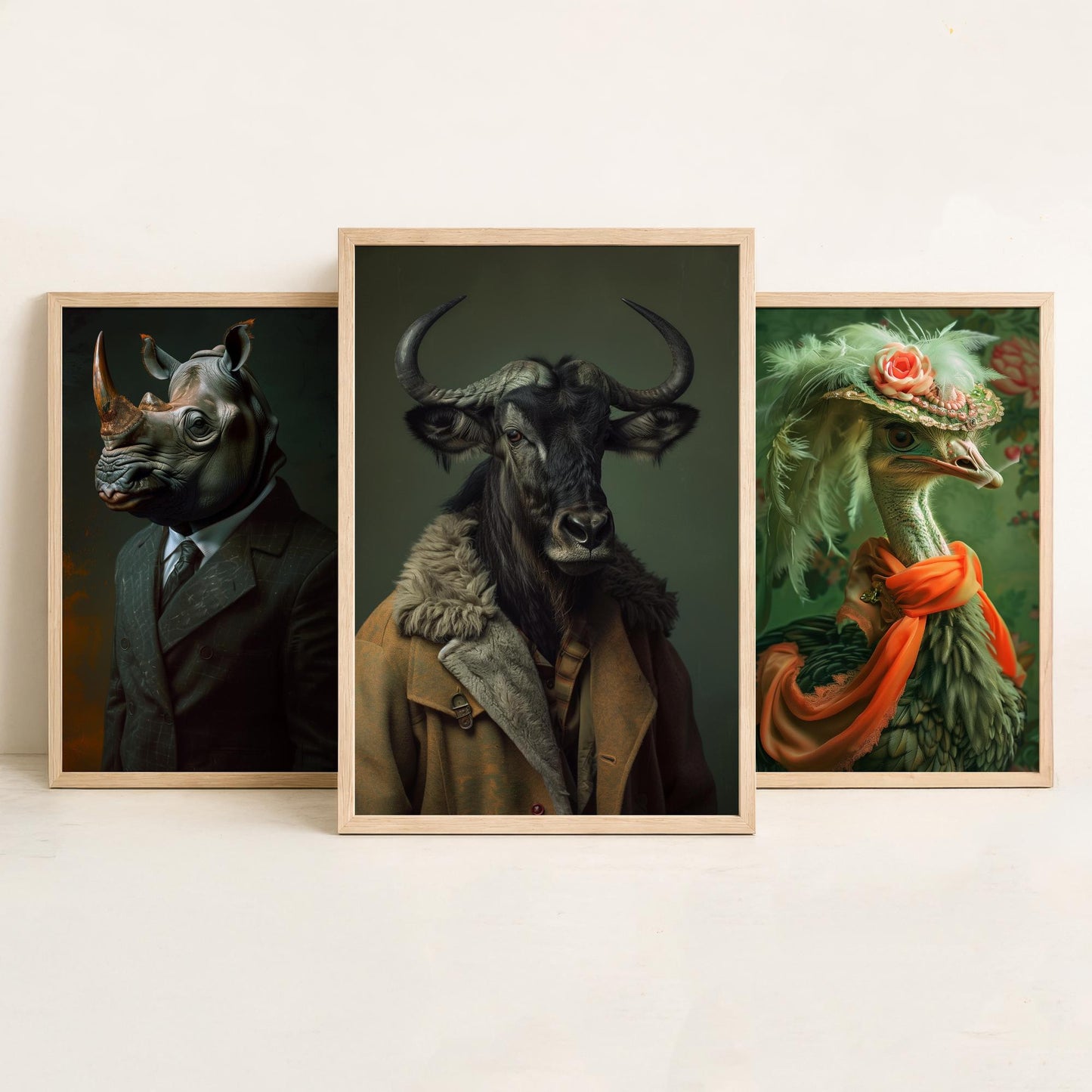 Savannah Monarchs Set of Three Art Prints - Rhino, Ostrich, Wildebeest in Suits Posters - Regal Animal Portrait Painting V1