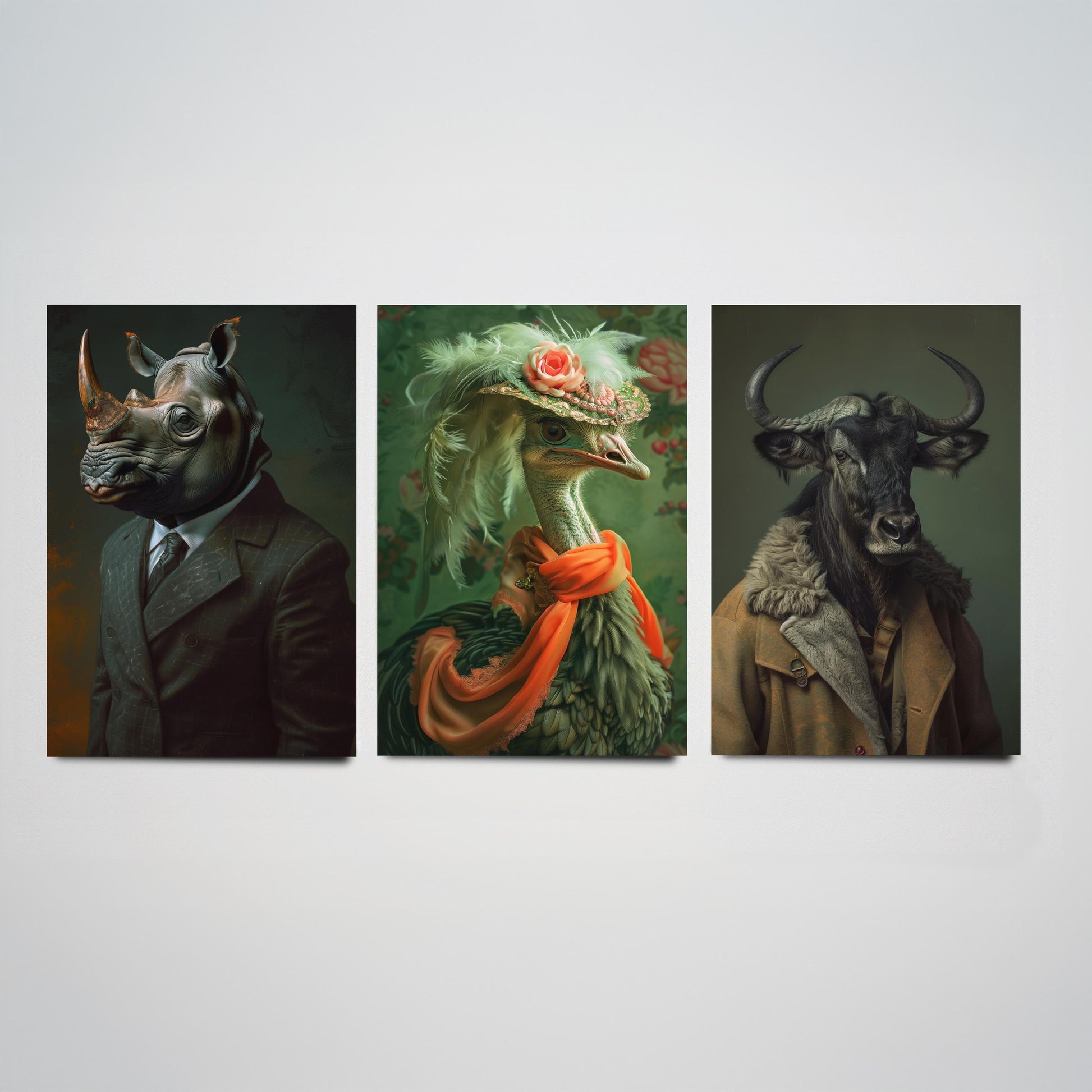 Savannah Monarchs Set of Three Art Prints - Rhino, Ostrich, Wildebeest in Suits Posters - Regal Animal Portrait Painting V1