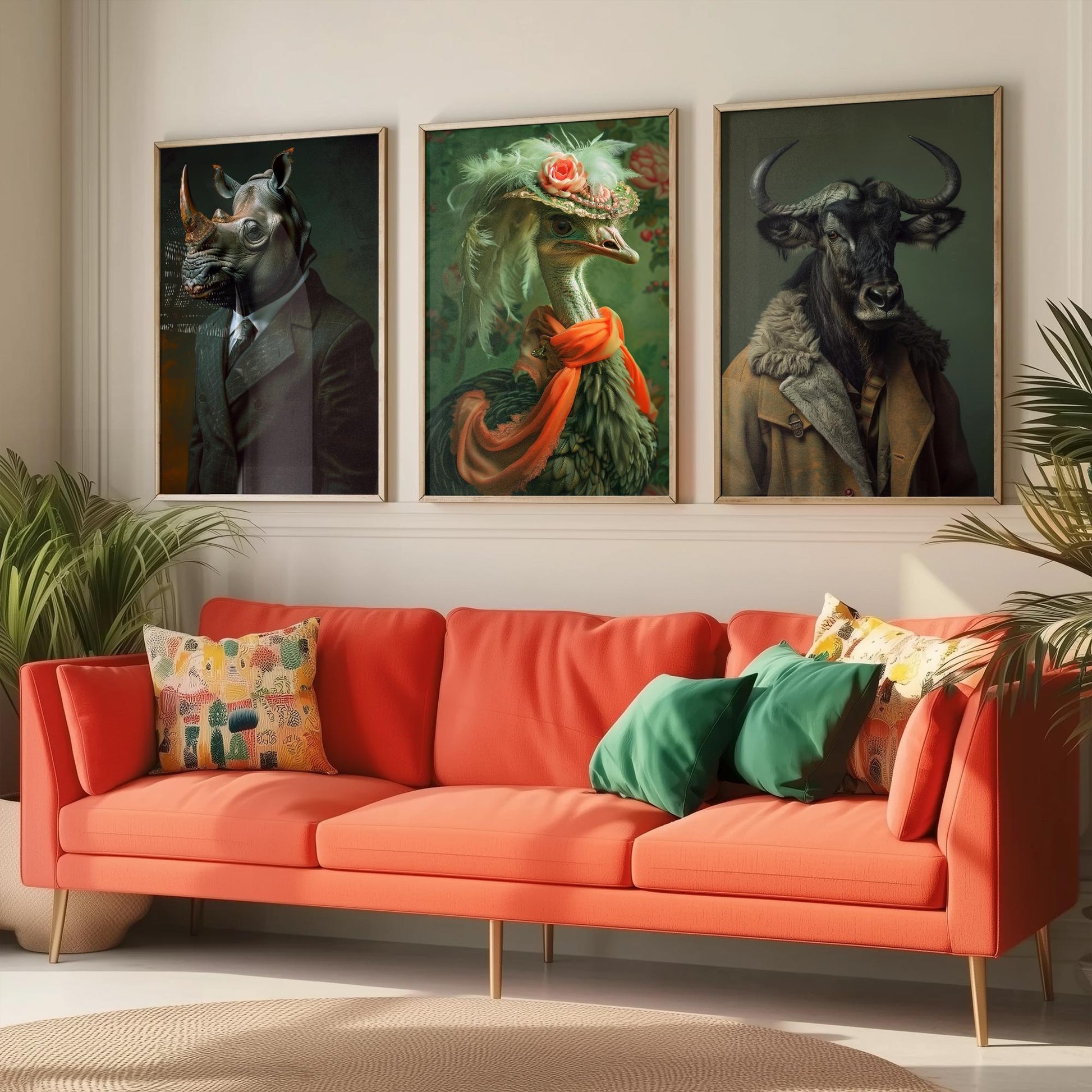 Savannah Monarchs Set of Three Art Prints - Rhino, Ostrich, Wildebeest in Suits Posters - Regal Animal Portrait Painting V1