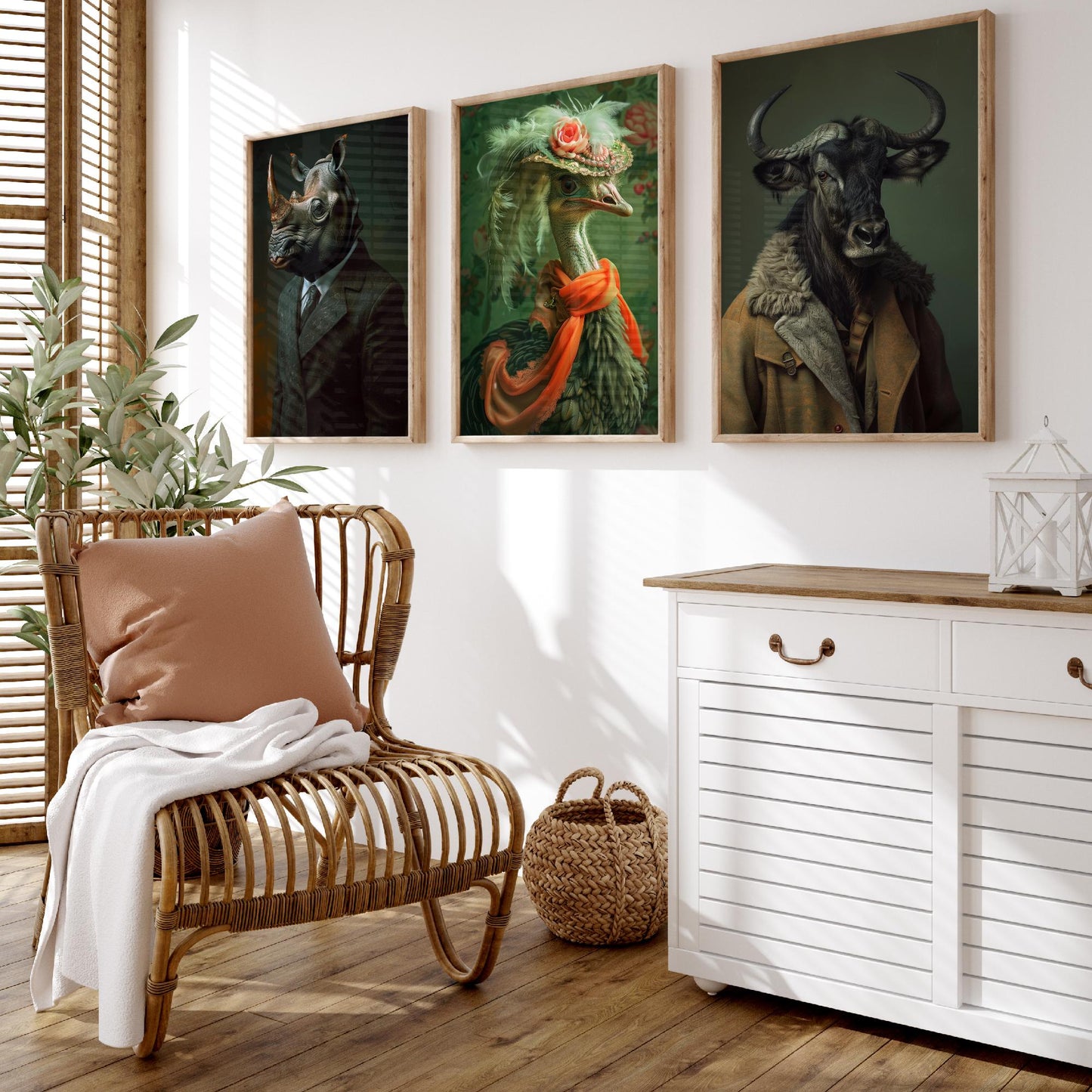 Savannah Monarchs Set of Three Art Prints - Rhino, Ostrich, Wildebeest in Suits Posters - Regal Animal Portrait Painting V1