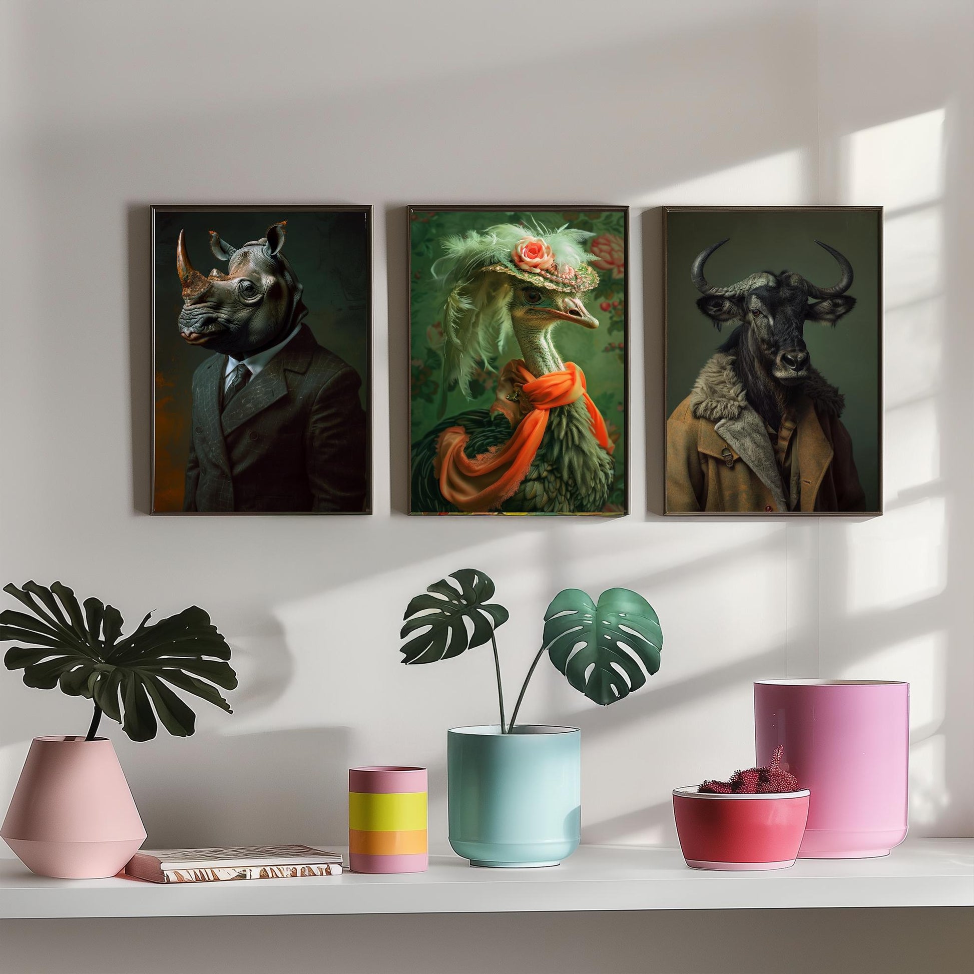 Savannah Monarchs Set of Three Art Prints - Rhino, Ostrich, Wildebeest in Suits Posters - Regal Animal Portrait Painting V1