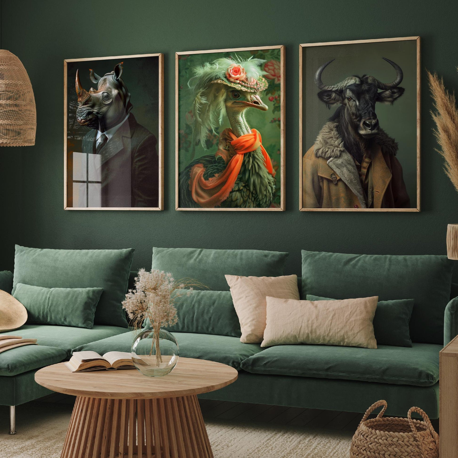 Savannah Monarchs Set of Three Art Prints - Rhino, Ostrich, Wildebeest in Suits Posters - Regal Animal Portrait Painting V1
