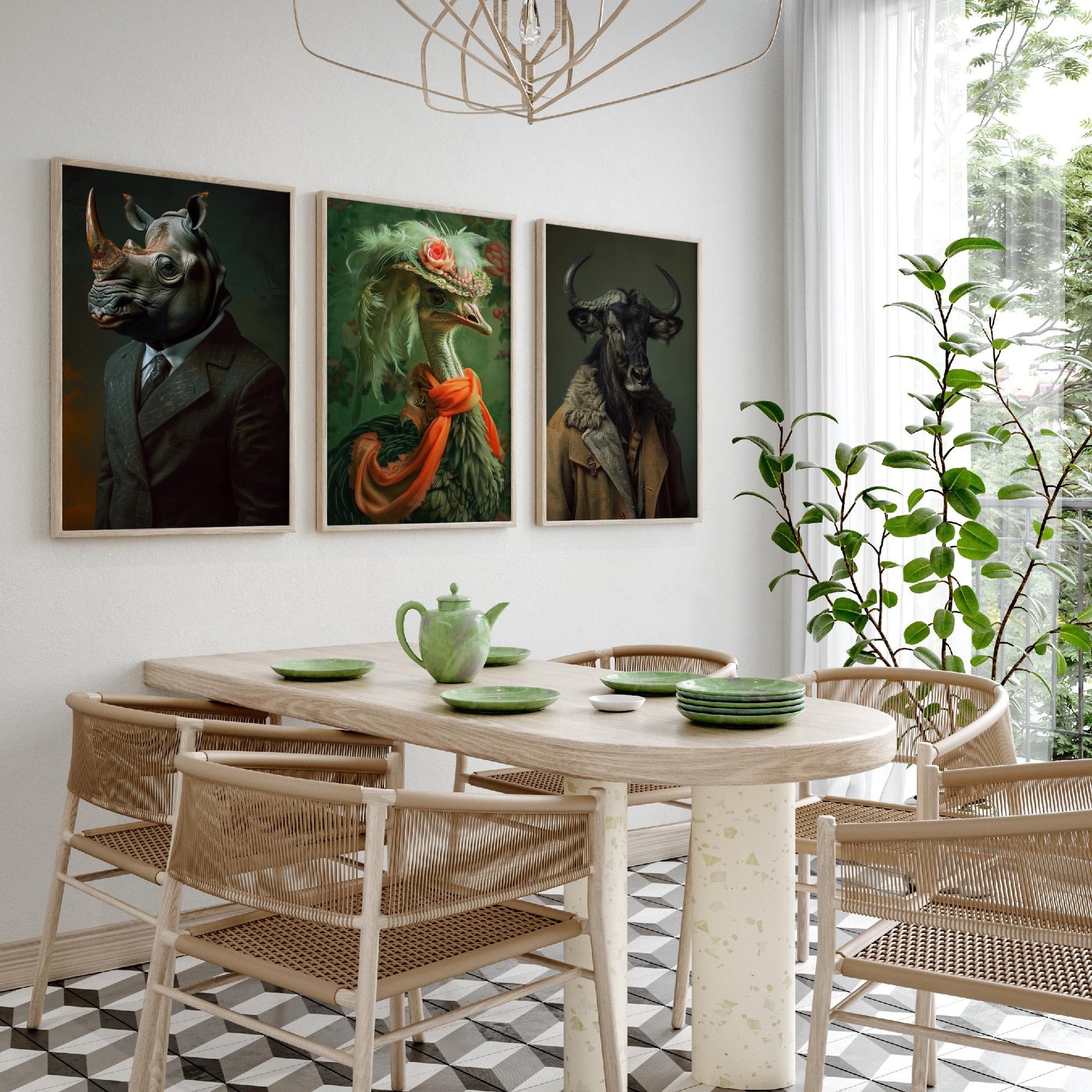 Savannah Monarchs Set of Three Art Prints - Rhino, Ostrich, Wildebeest in Suits Posters - Regal Animal Portrait Painting V1