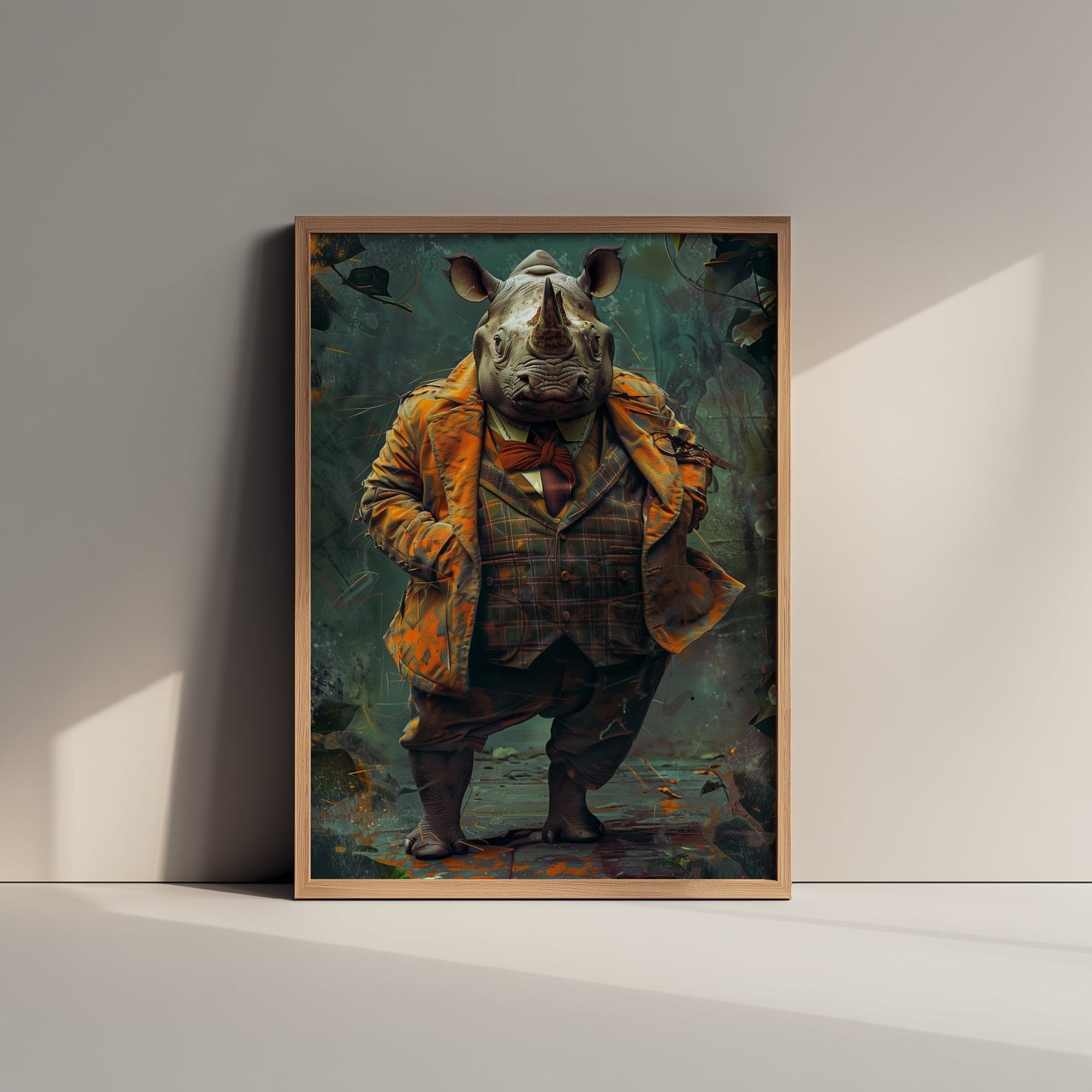 Rhino in a Suit Art Print - Dapper Animal Portrait Poster - Quirky Animal Painting - Gentleman Safari Animal V2 1/3