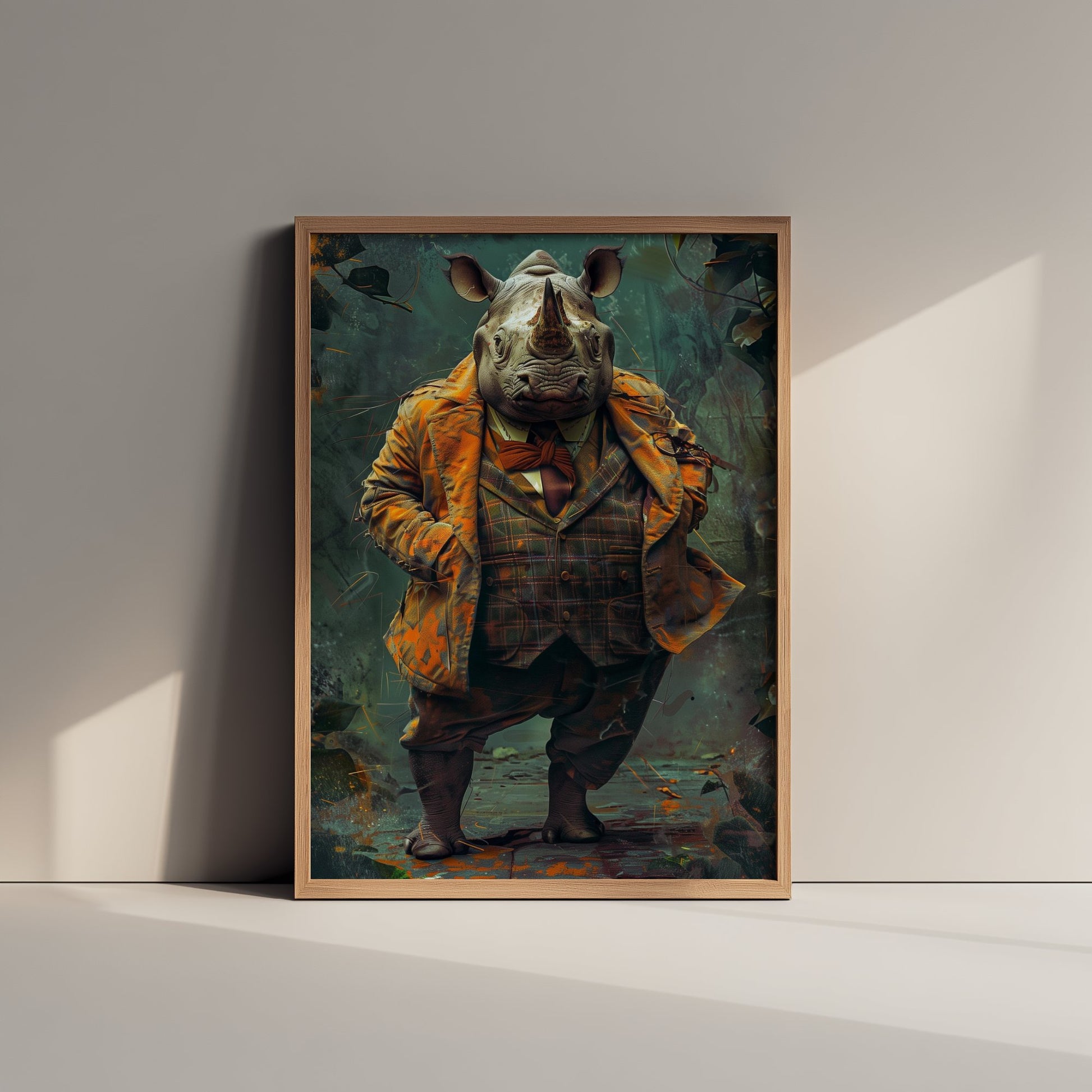 Rhino in a Suit Art Print - Dapper Animal Portrait Poster - Quirky Animal Painting - Gentleman Safari Animal V2 1/3
