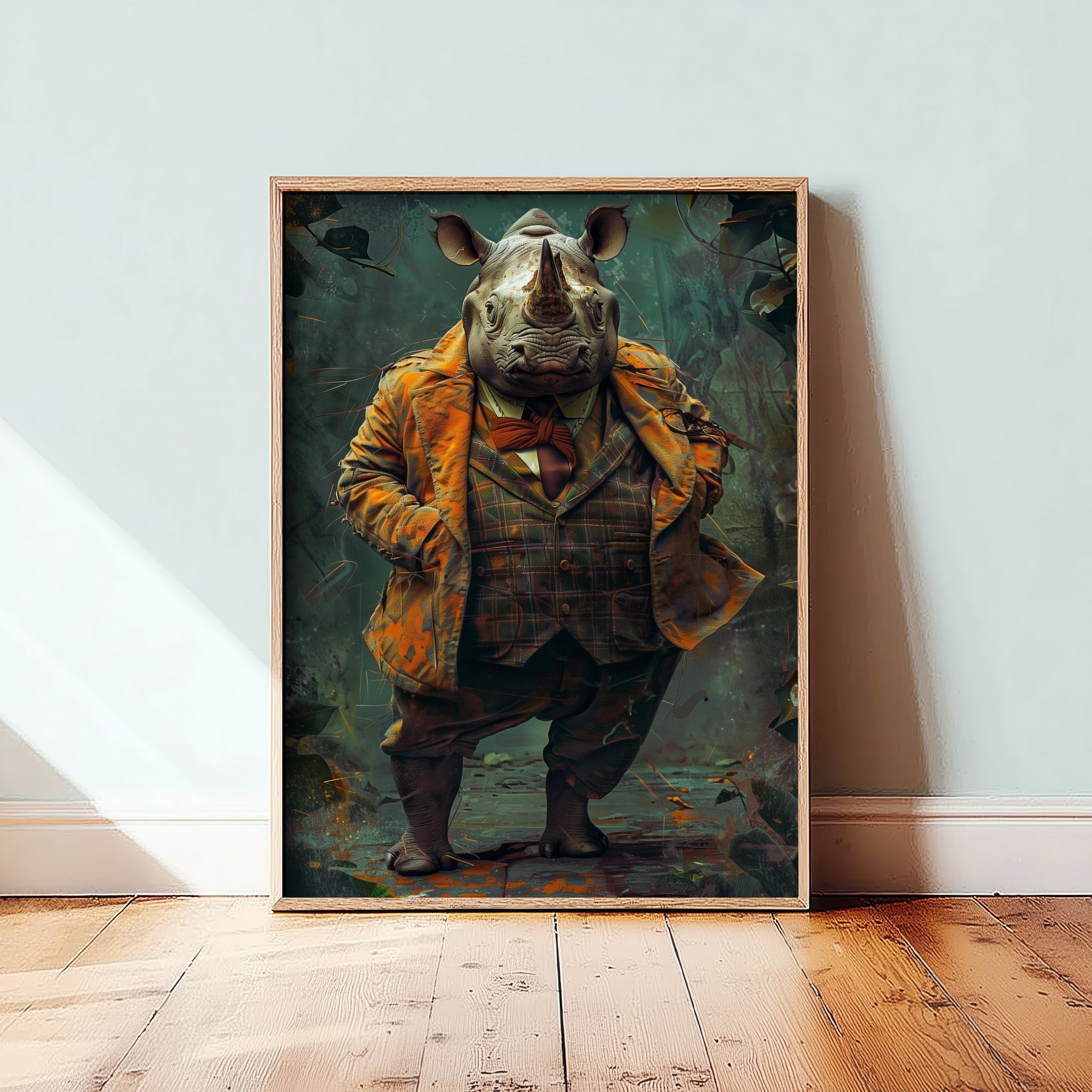 Rhino in a Suit Art Print - Dapper Animal Portrait Poster - Quirky Animal Painting - Gentleman Safari Animal V2 1/3