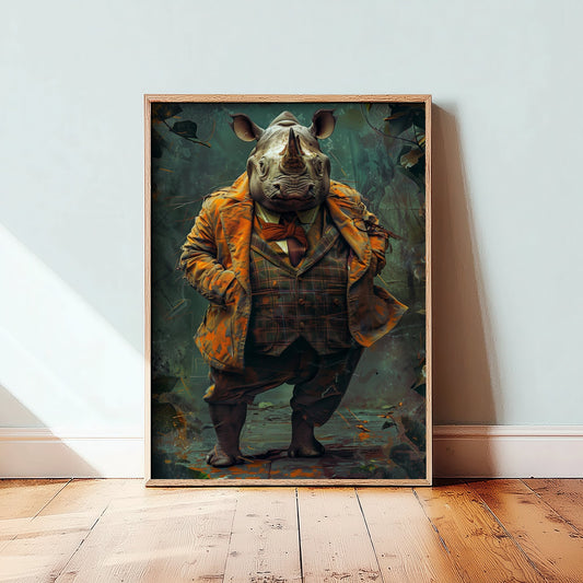 Rhino in a Suit Art Print - Dapper Animal Portrait Poster - Quirky Animal Painting - Gentleman Safari Animal V2 1/3