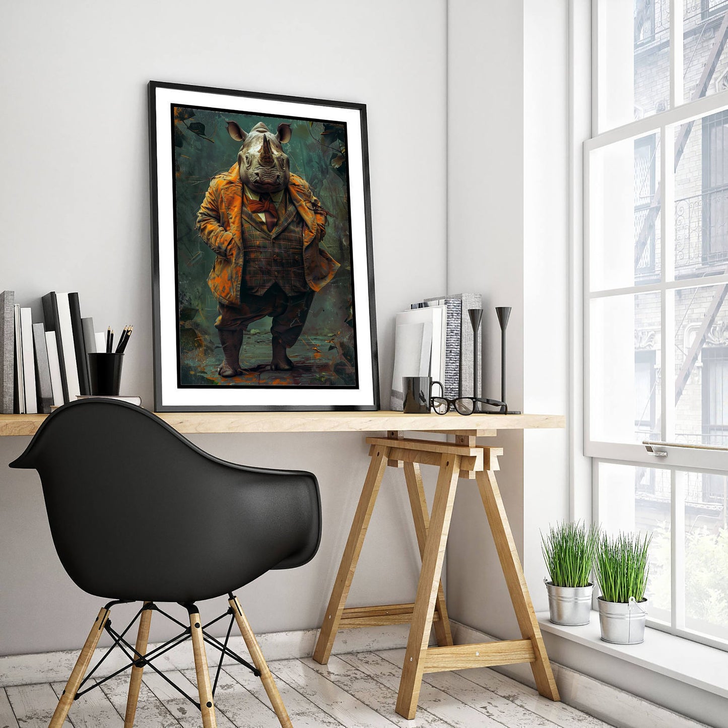 Rhino in a Suit Art Print - Dapper Animal Portrait Poster - Quirky Animal Painting - Gentleman Safari Animal V2 1/3