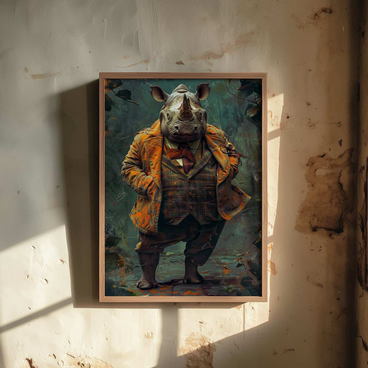 Rhino in a Suit Art Print - Dapper Animal Portrait Poster - Quirky Animal Painting - Gentleman Safari Animal V2 1/3