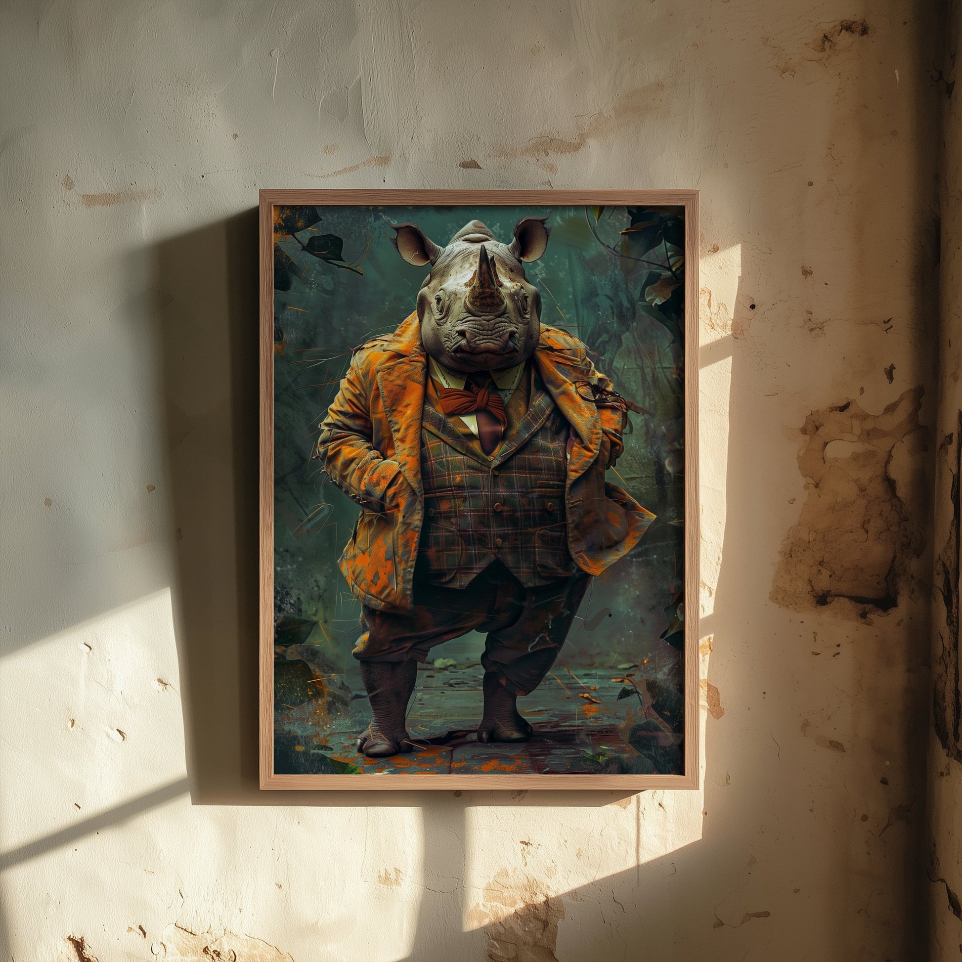 Rhino in a Suit Art Print - Dapper Animal Portrait Poster - Quirky Animal Painting - Gentleman Safari Animal V2 1/3