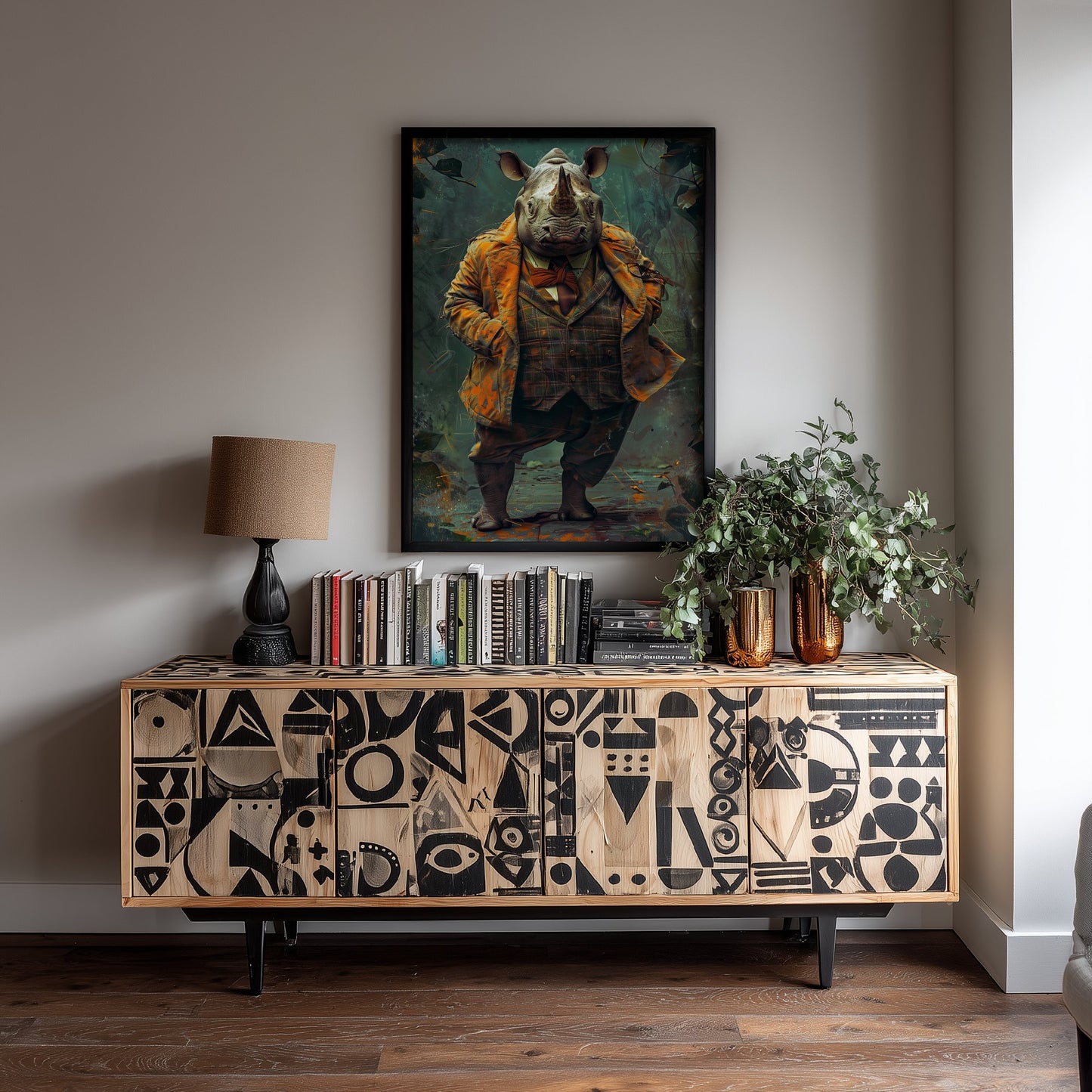 Rhino in a Suit Art Print - Dapper Animal Portrait Poster - Quirky Animal Painting - Gentleman Safari Animal V2 1/3