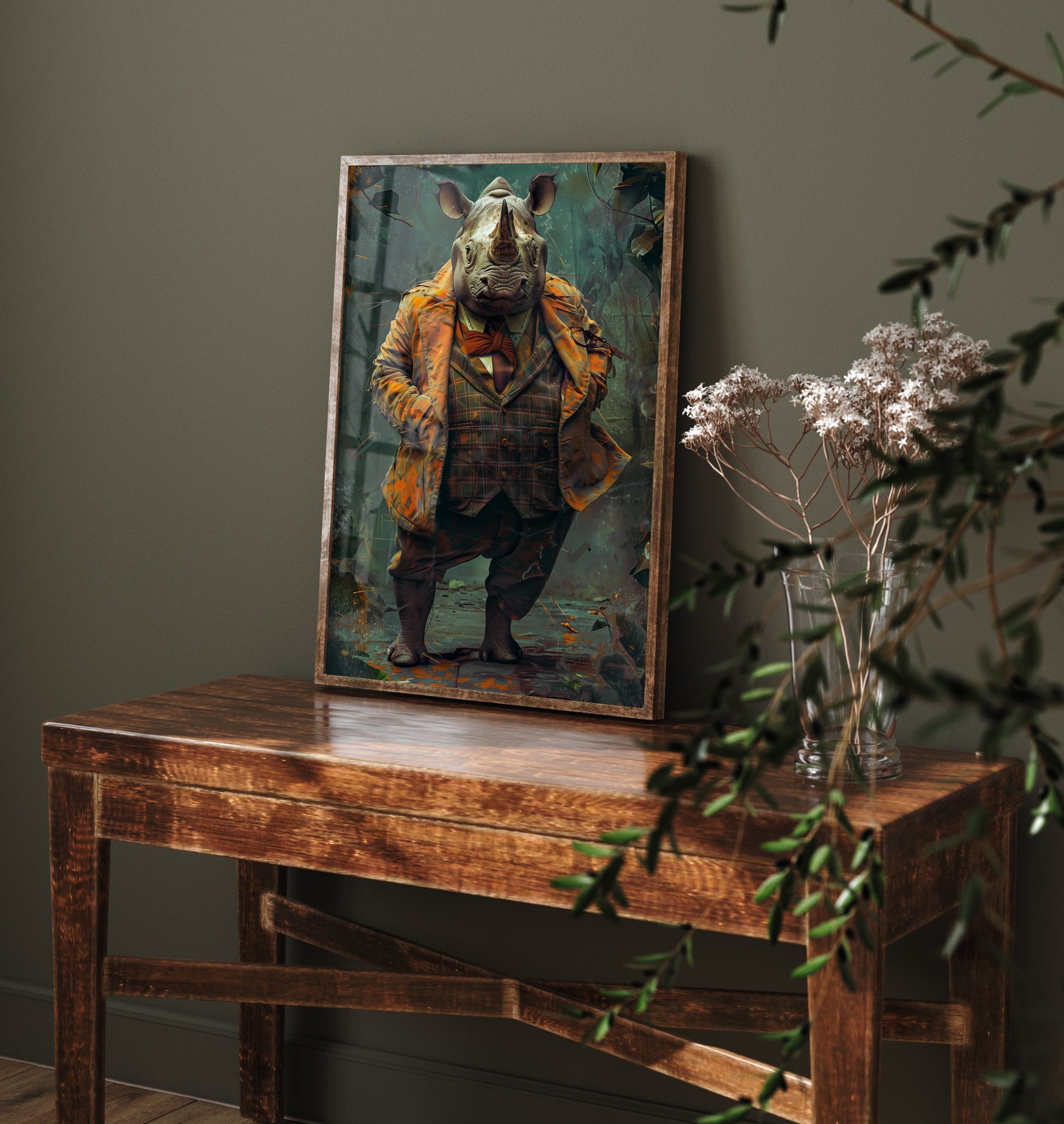 Rhino in a Suit Art Print - Dapper Animal Portrait Poster - Quirky Animal Painting - Gentleman Safari Animal V2 1/3