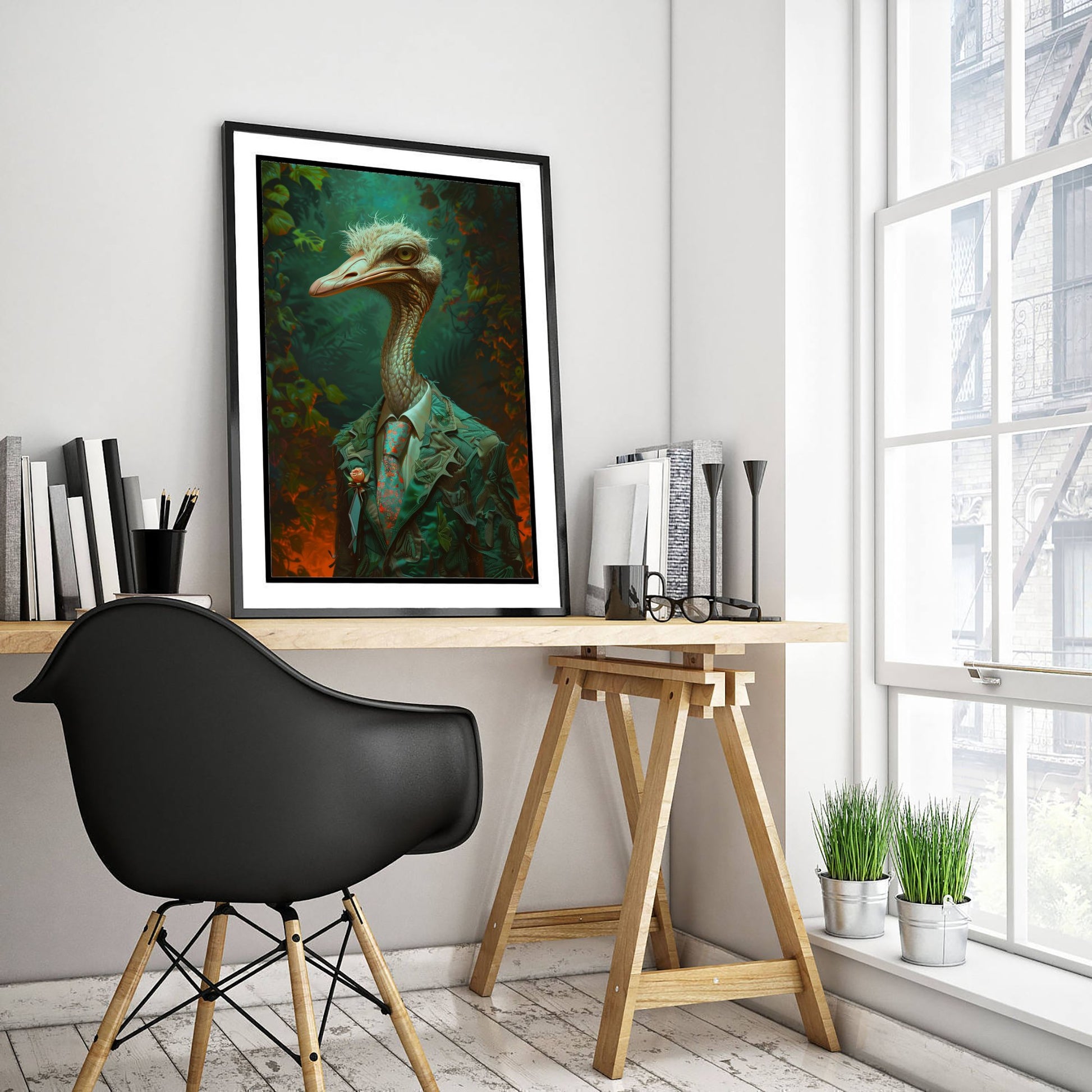 Ostrich in a Suit Art Print - Dapper Animal Portrait Poster - Quirky Animal Painting - Elegant Safari Bird V2 2/3