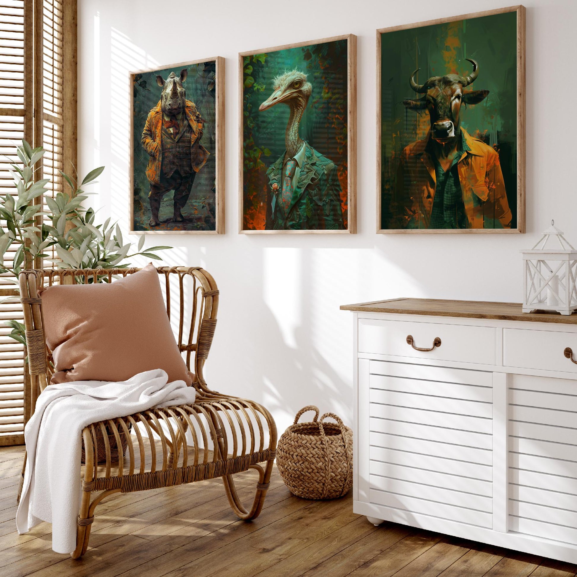 Savannah Monarchs Set of Three Art Prints - Rhino, Ostrich, Wildebeest in Suits Posters - Bold Brushwork Animal Painting V2