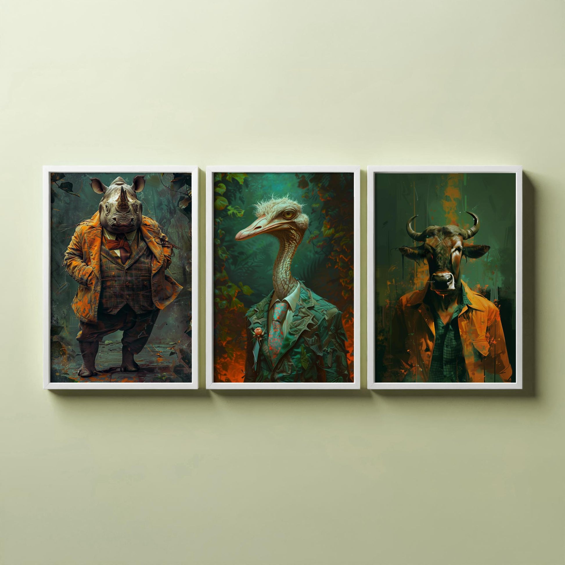 Savannah Monarchs Set of Three Art Prints - Rhino, Ostrich, Wildebeest in Suits Posters - Bold Brushwork Animal Painting V2
