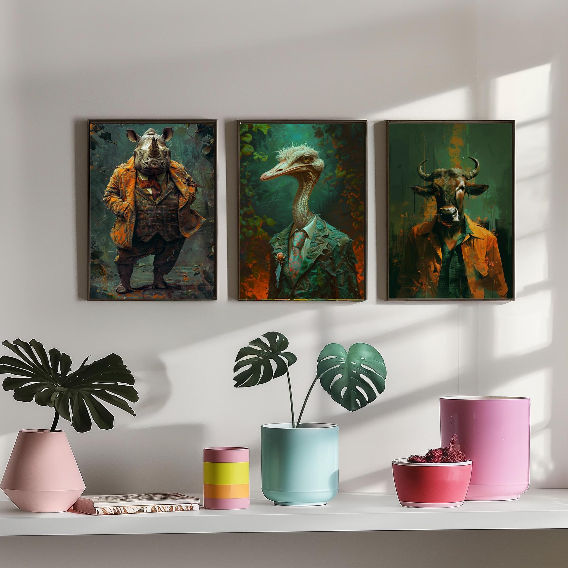 Savannah Monarchs Set of Three Art Prints - Rhino, Ostrich, Wildebeest in Suits Posters - Bold Brushwork Animal Painting V2