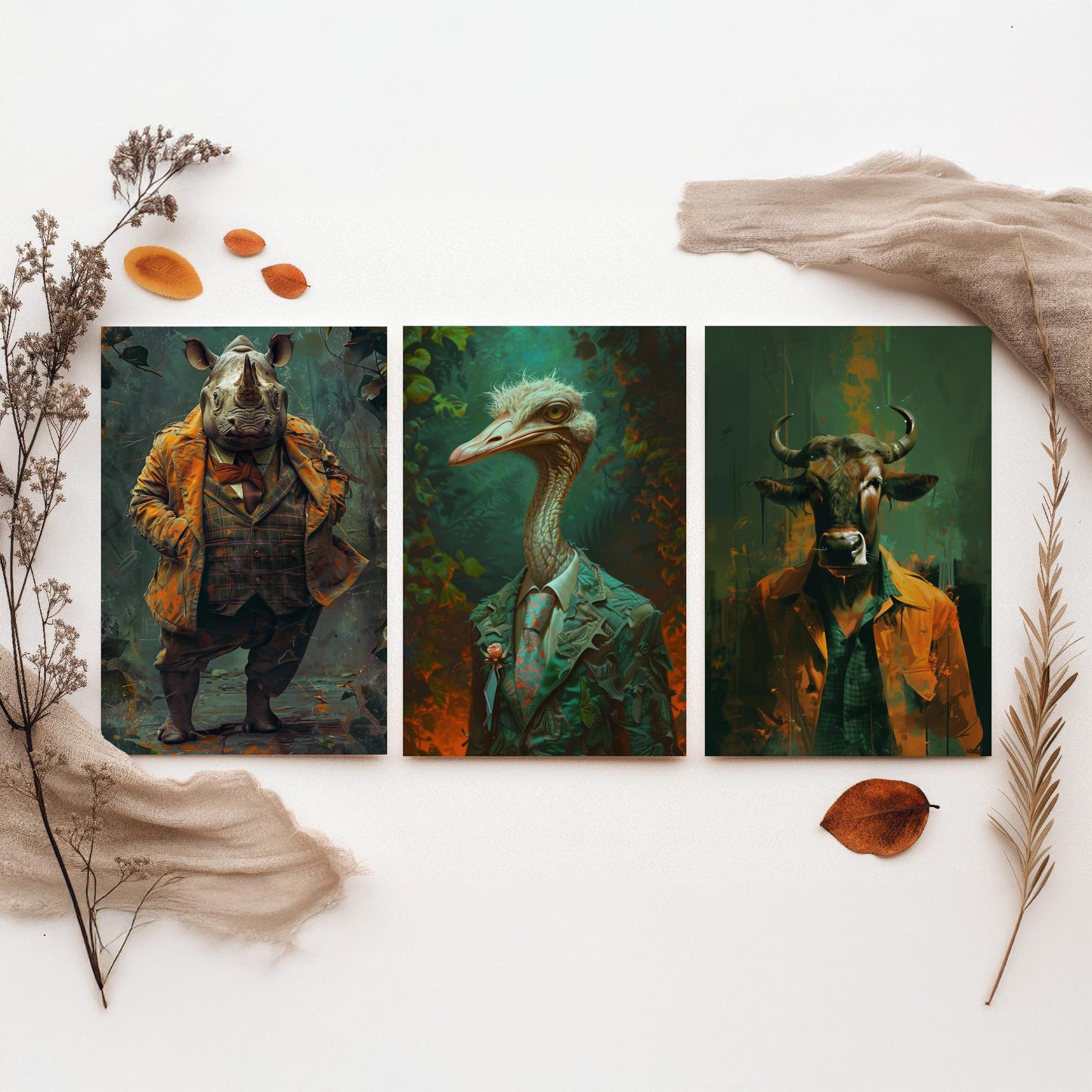 Savannah Monarchs Set of Three Art Prints - Rhino, Ostrich, Wildebeest in Suits Posters - Bold Brushwork Animal Painting V2