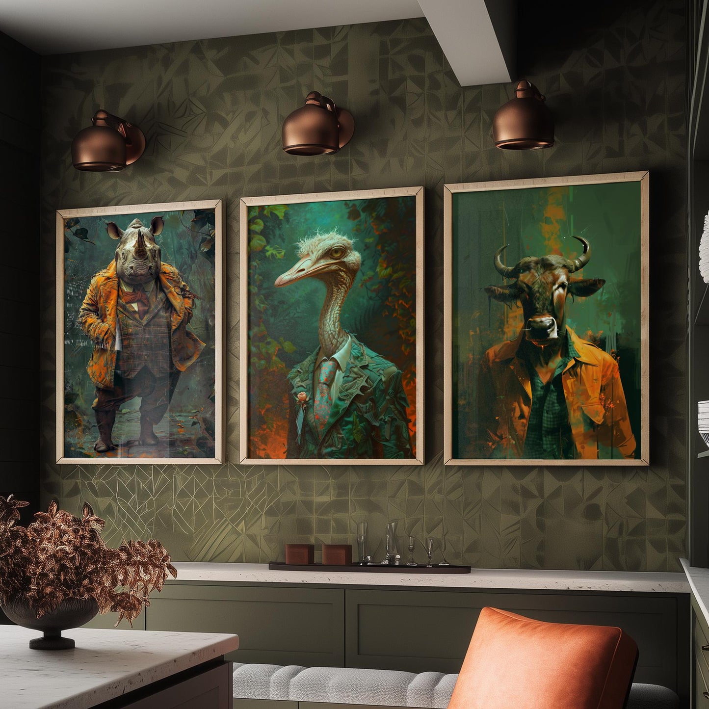 Savannah Monarchs Set of Three Art Prints - Rhino, Ostrich, Wildebeest in Suits Posters - Bold Brushwork Animal Painting V2