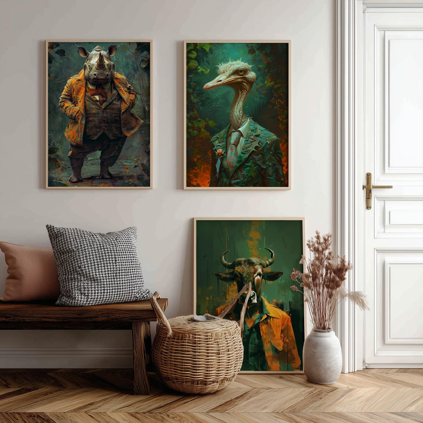 Savannah Monarchs Set of Three Art Prints - Rhino, Ostrich, Wildebeest in Suits Posters - Bold Brushwork Animal Painting V2