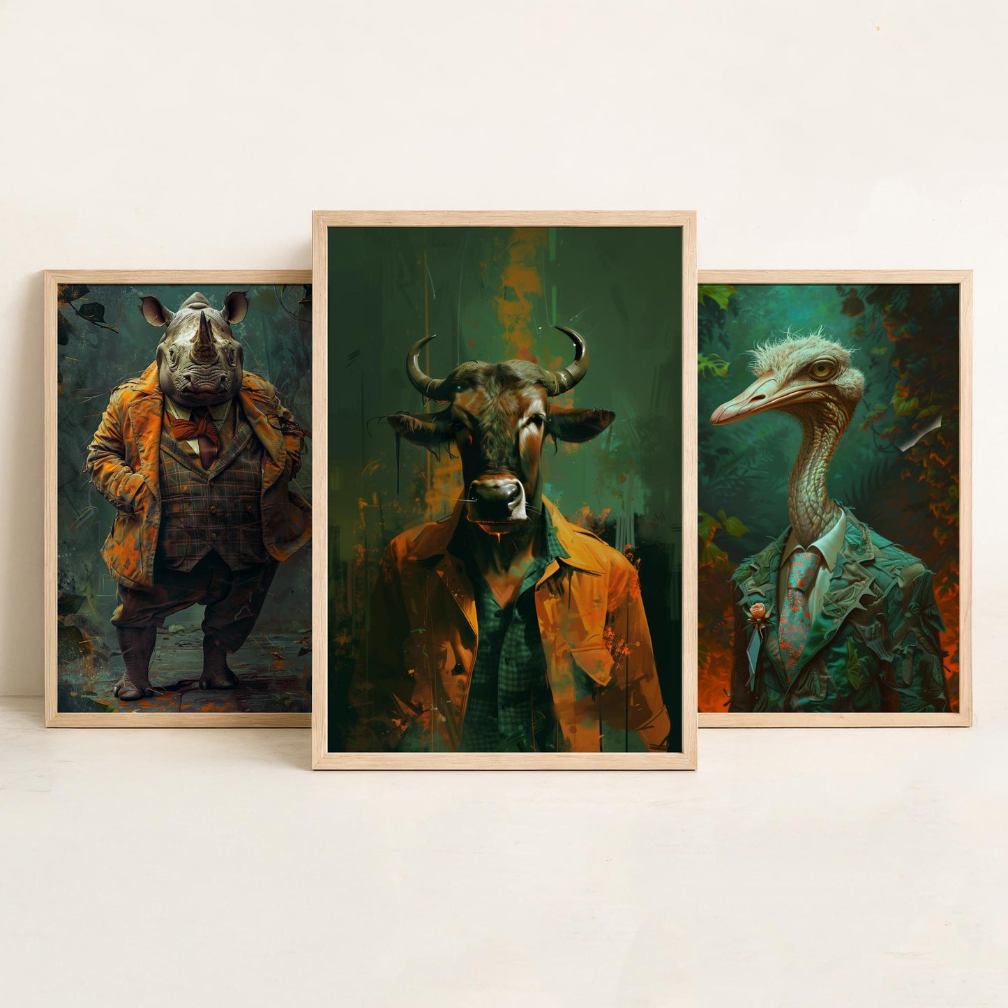 Savannah Monarchs Set of Three Art Prints - Rhino, Ostrich, Wildebeest in Suits Posters - Bold Brushwork Animal Painting V2