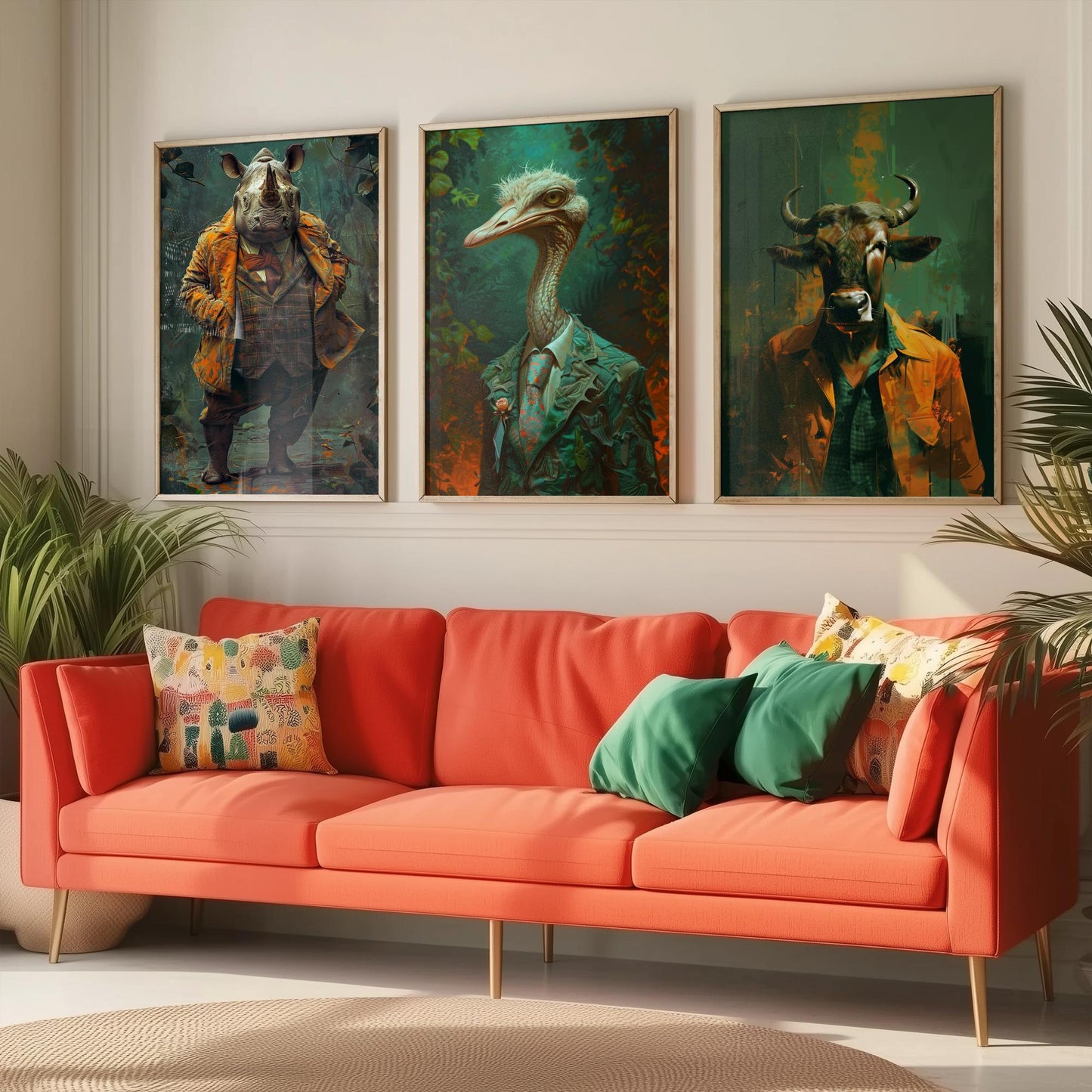 Savannah Monarchs Set of Three Art Prints - Rhino, Ostrich, Wildebeest in Suits Posters - Bold Brushwork Animal Painting V2