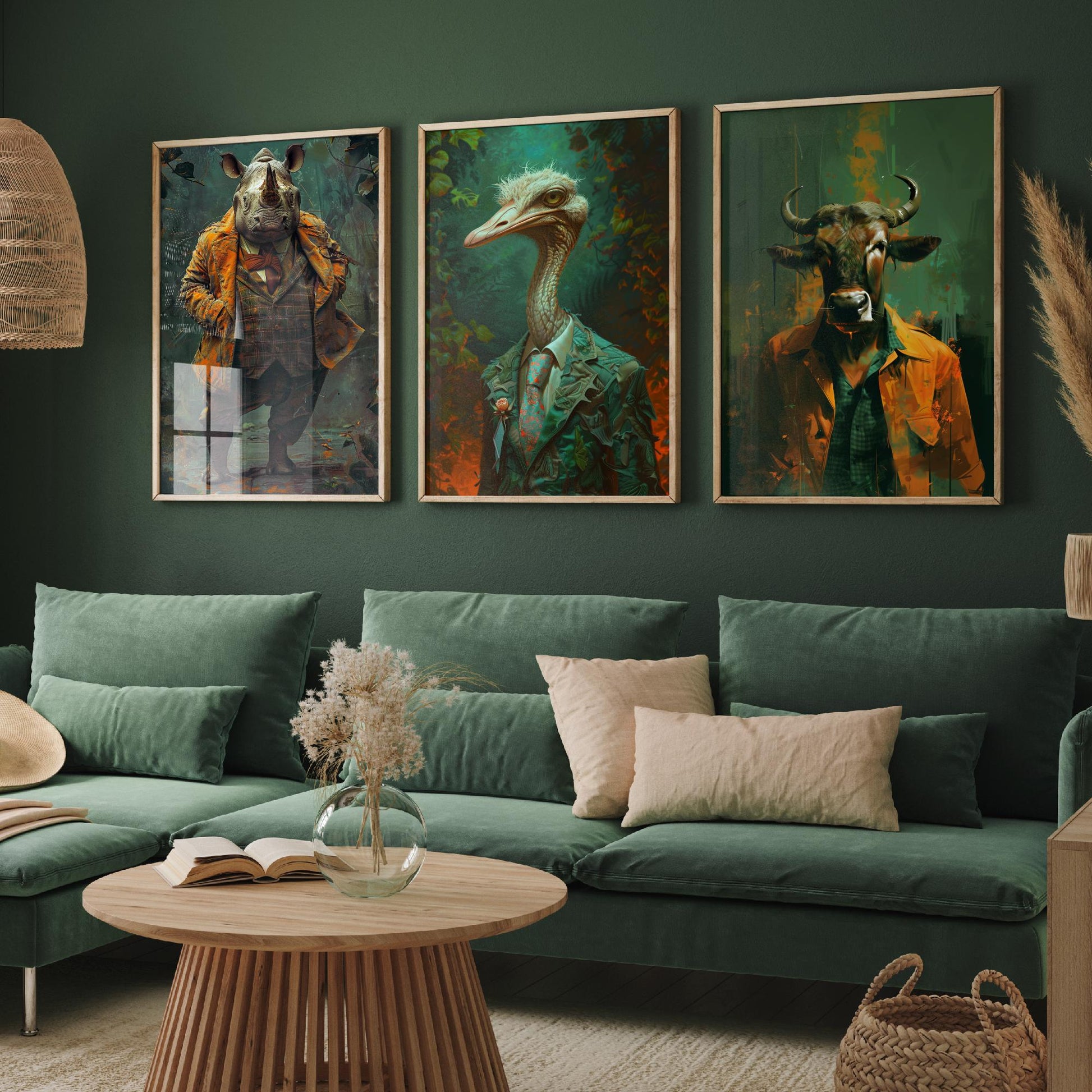 Savannah Monarchs Set of Three Art Prints - Rhino, Ostrich, Wildebeest in Suits Posters - Bold Brushwork Animal Painting V2