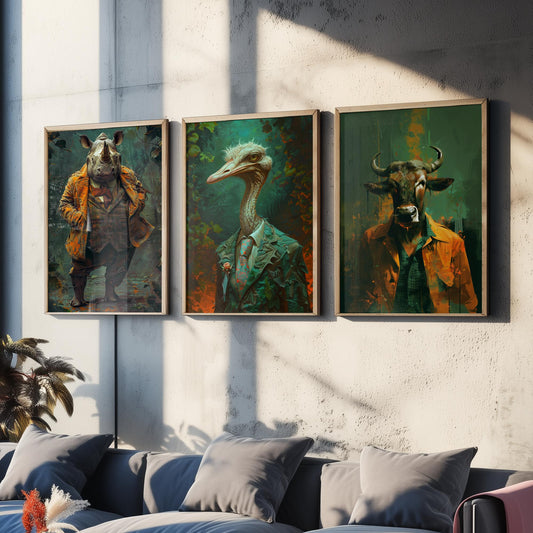 Savannah Monarchs Set of Three Art Prints - Rhino, Ostrich, Wildebeest in Suits Posters - Bold Brushwork Animal Painting V2