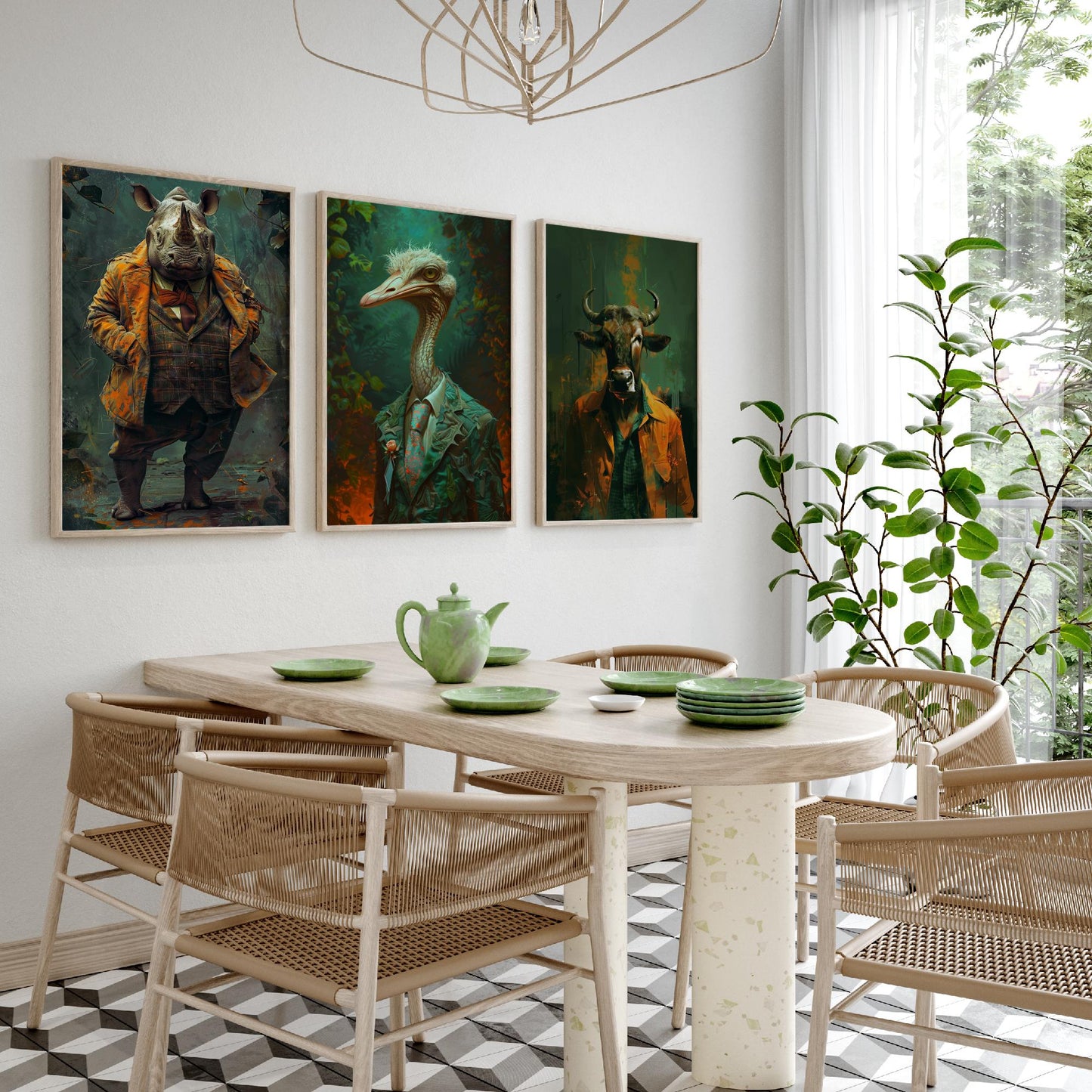 Savannah Monarchs Set of Three Art Prints - Rhino, Ostrich, Wildebeest in Suits Posters - Bold Brushwork Animal Painting V2