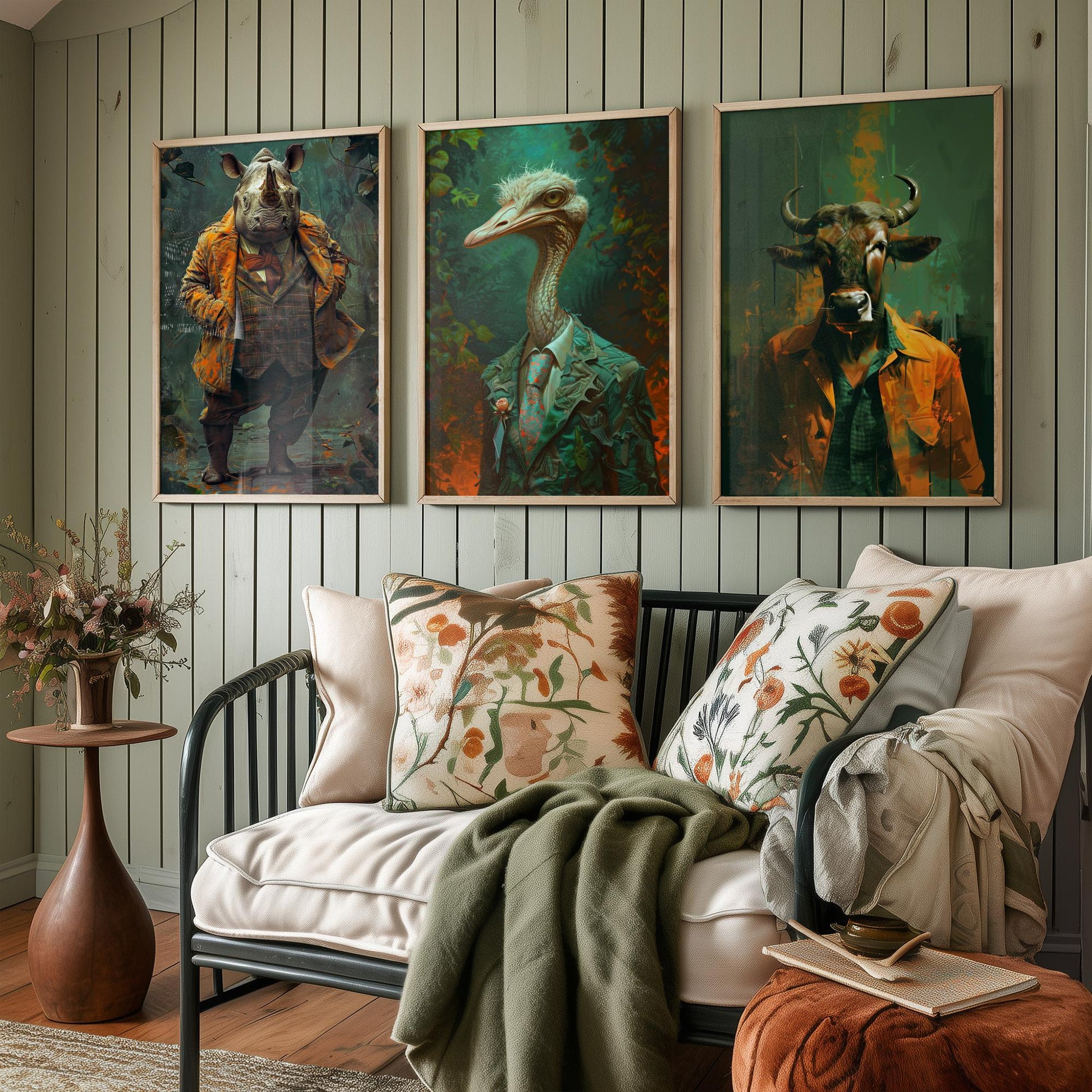 Savannah Monarchs Set of Three Art Prints - Rhino, Ostrich, Wildebeest in Suits Posters - Bold Brushwork Animal Painting V2