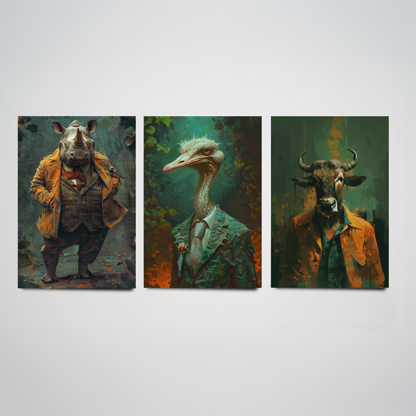 Savannah Monarchs Set of Three Art Prints - Rhino, Ostrich, Wildebeest in Suits Posters - Bold Brushwork Animal Painting V2