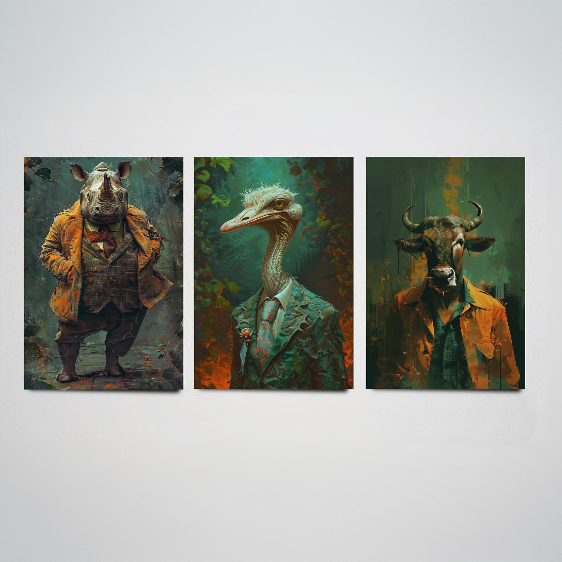 Savannah Monarchs Set of Three Art Prints - Rhino, Ostrich, Wildebeest in Suits Posters - Bold Brushwork Animal Painting V2