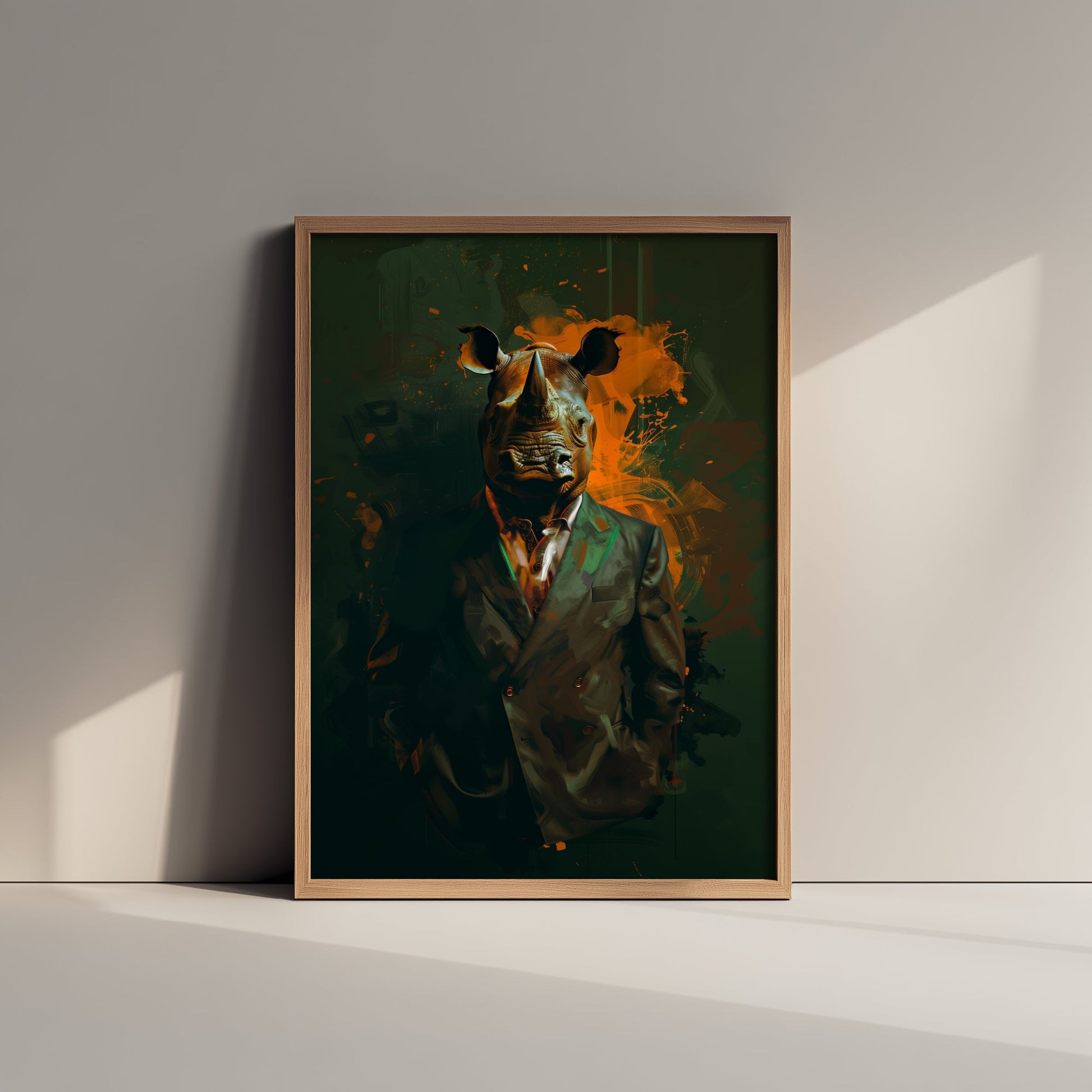 Rhino in a Suit Art Print - Bold Animal Portrait Poster - Quirky Animal Painting - Modern Safari Animal V3 1/3