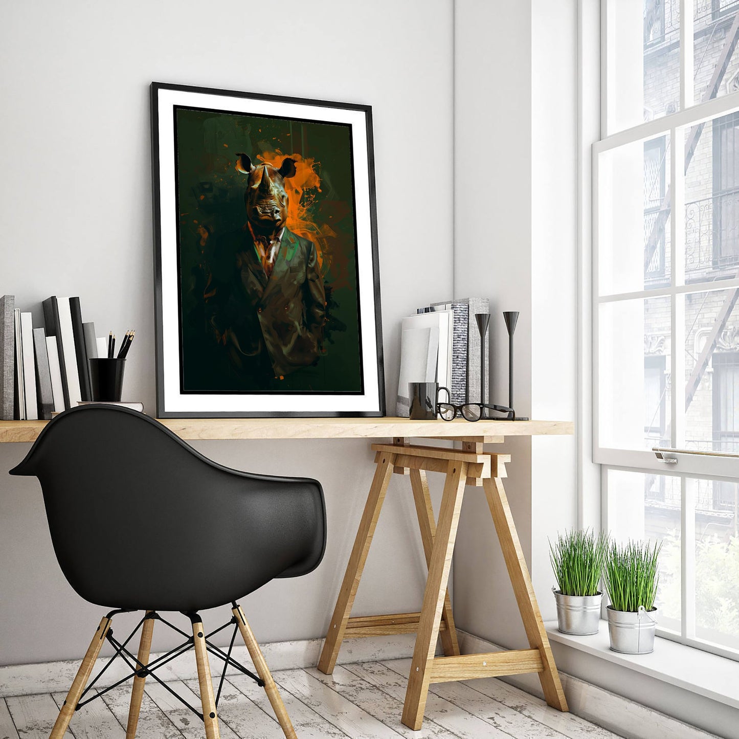 Rhino in a Suit Art Print - Bold Animal Portrait Poster - Quirky Animal Painting - Modern Safari Animal V3 1/3