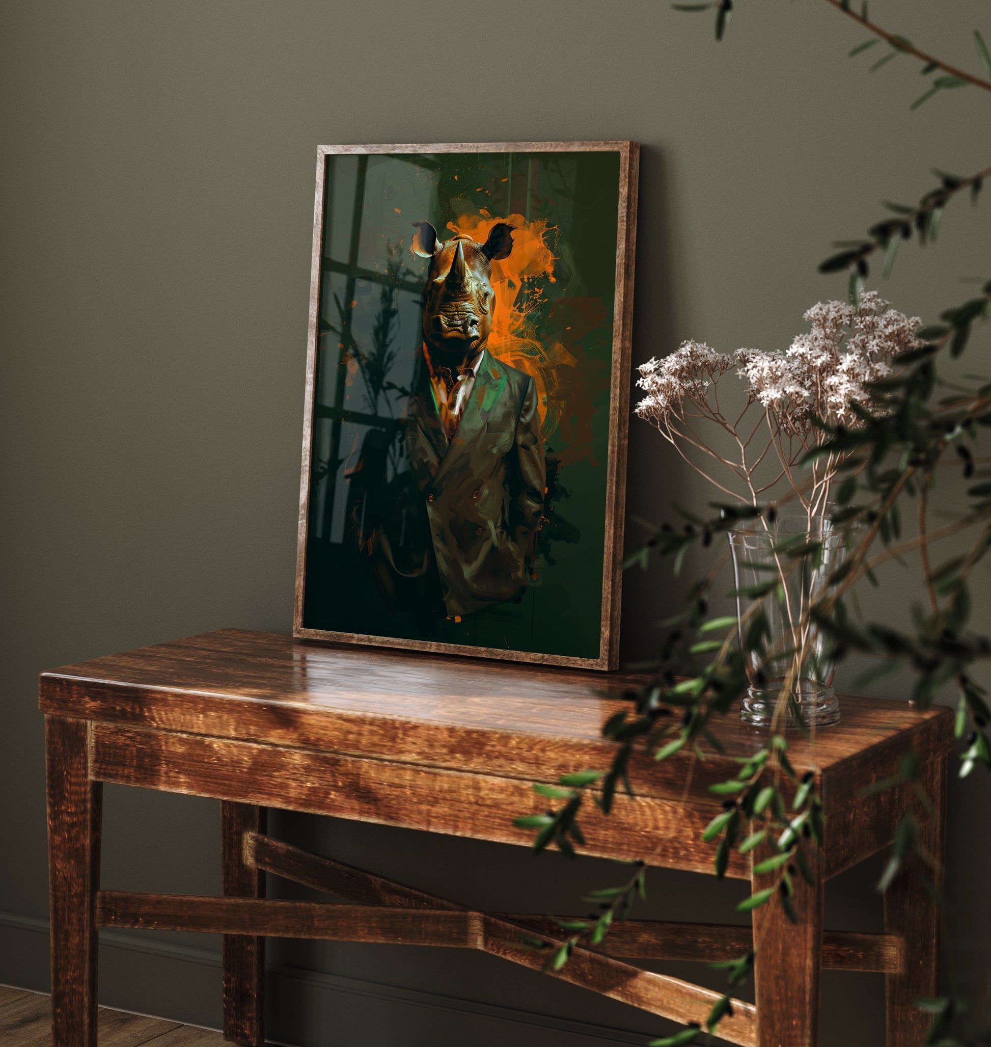 Rhino in a Suit Art Print - Bold Animal Portrait Poster - Quirky Animal Painting - Modern Safari Animal V3 1/3