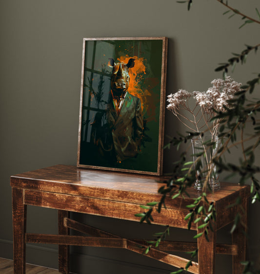 Rhino in a Suit Art Print - Bold Animal Portrait Poster - Quirky Animal Painting - Modern Safari Animal V3 1/3