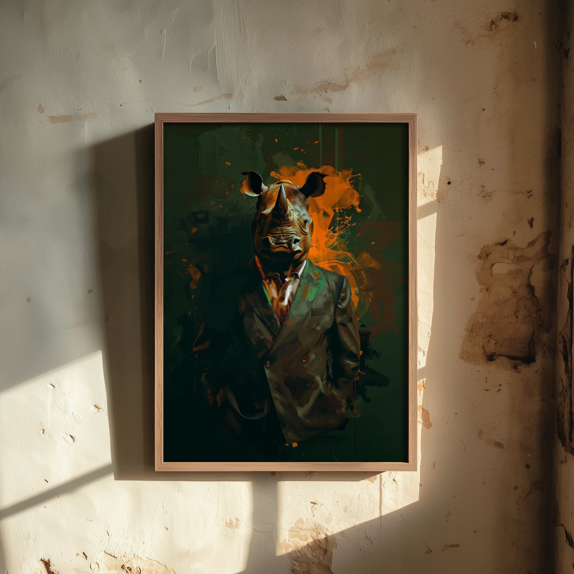 Rhino in a Suit Art Print - Bold Animal Portrait Poster - Quirky Animal Painting - Modern Safari Animal V3 1/3